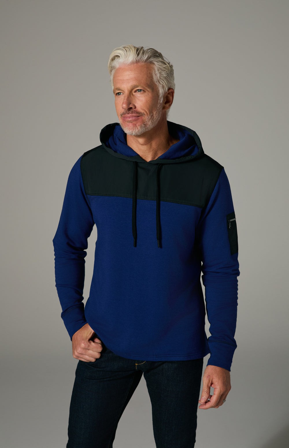 Alp N Rock Rowan Hoodie, blue hoodie for men with black chest fabric and zippered sleeve pocket