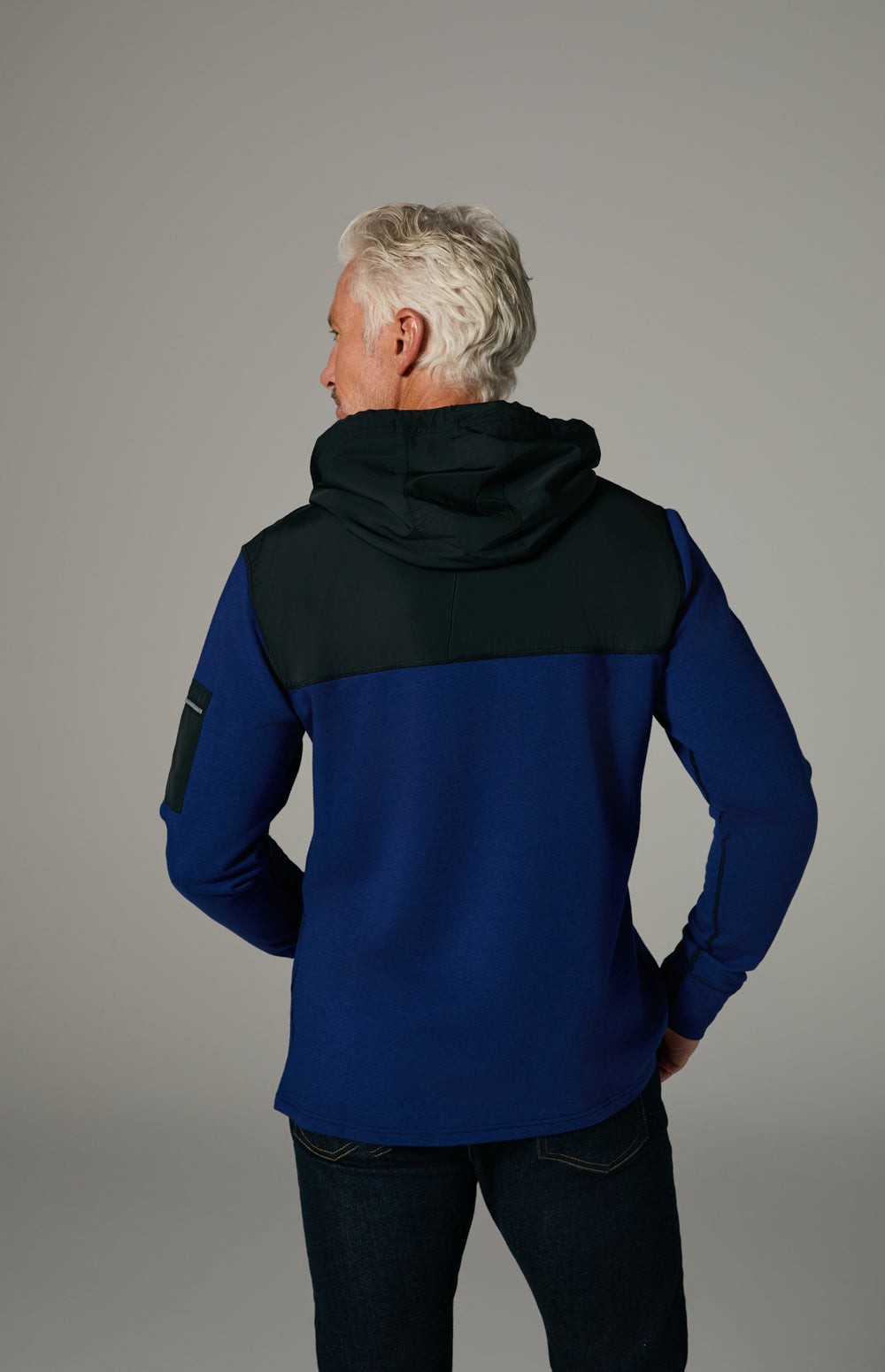 Alp N Rock Rowan Hoodie, blue hoodie for men with black chest fabric and zippered sleeve pocket