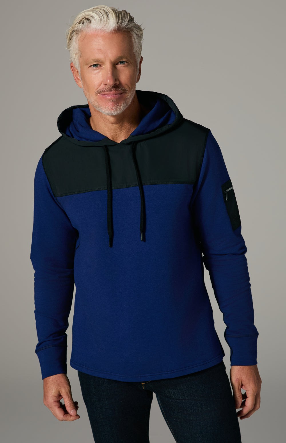 Alp N Rock Rowan Hoodie, blue hoodie for men with black chest fabric and zippered sleeve pocket