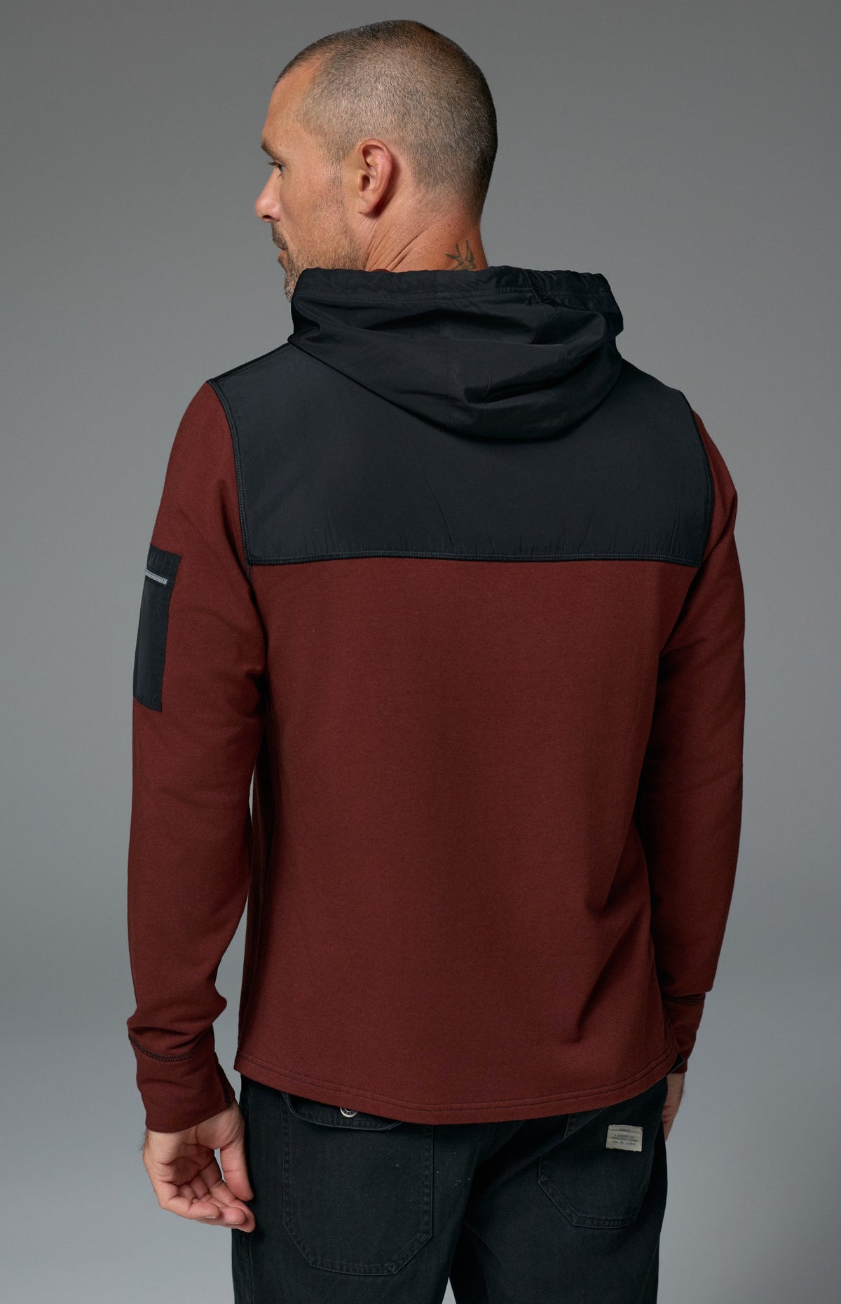 Alp N Rock Rowan Hoodie, dark red hoodie for men with black chest fabric and zippered sleeve pocket