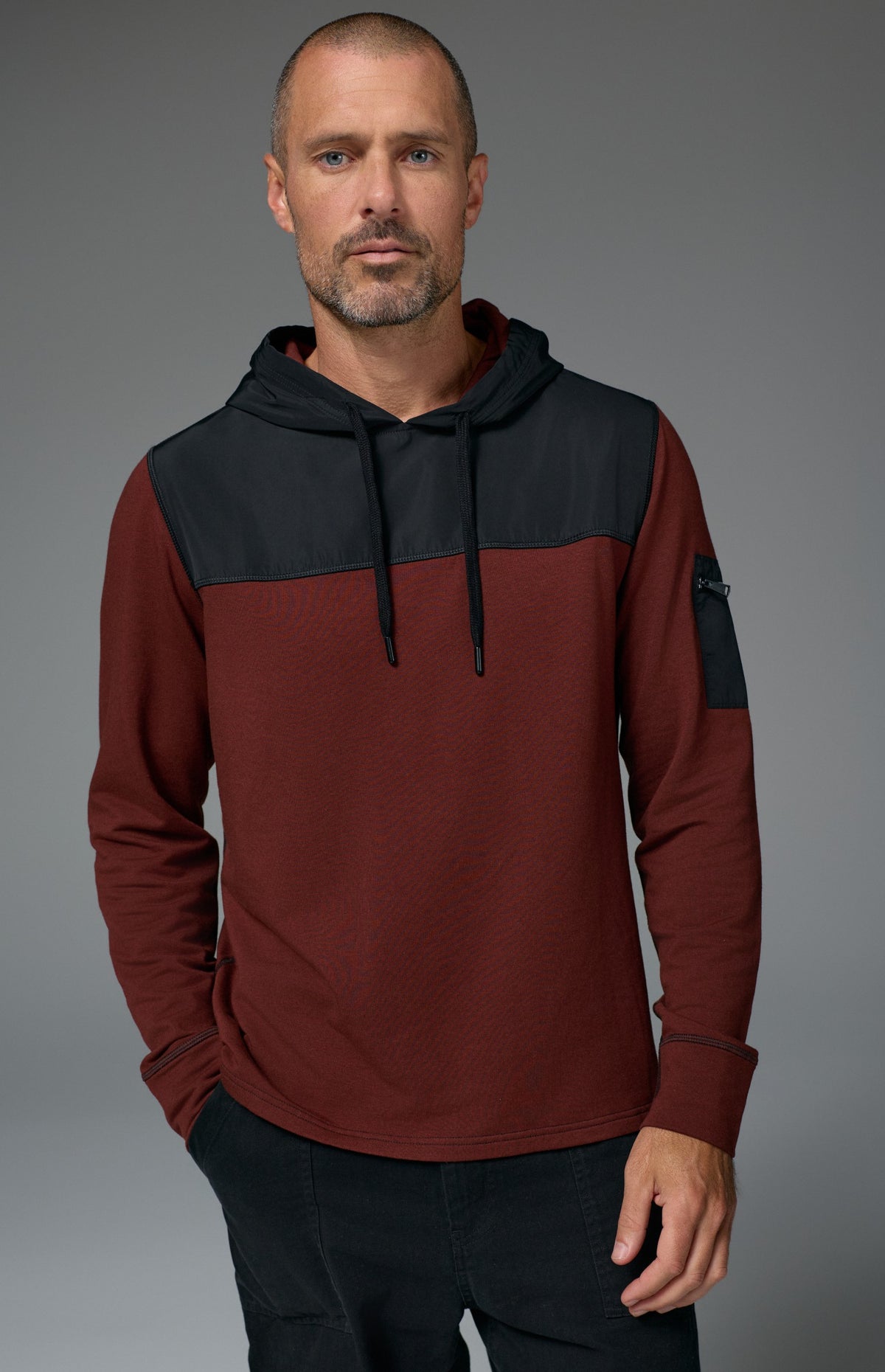 Alp N Rock Rowan Hoodie, dark red hoodie for men with black chest fabric and zippered sleeve pocket