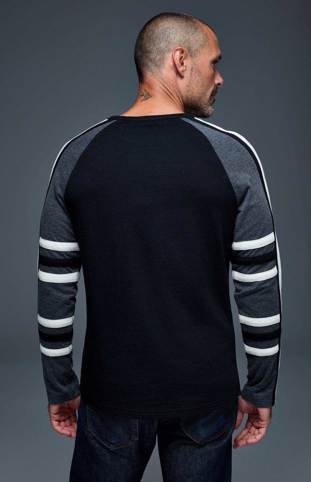 Alp N Rock Saxon Raglan Stripe Crew, black longsleeve crew neck shirt with grey and white stripes for men