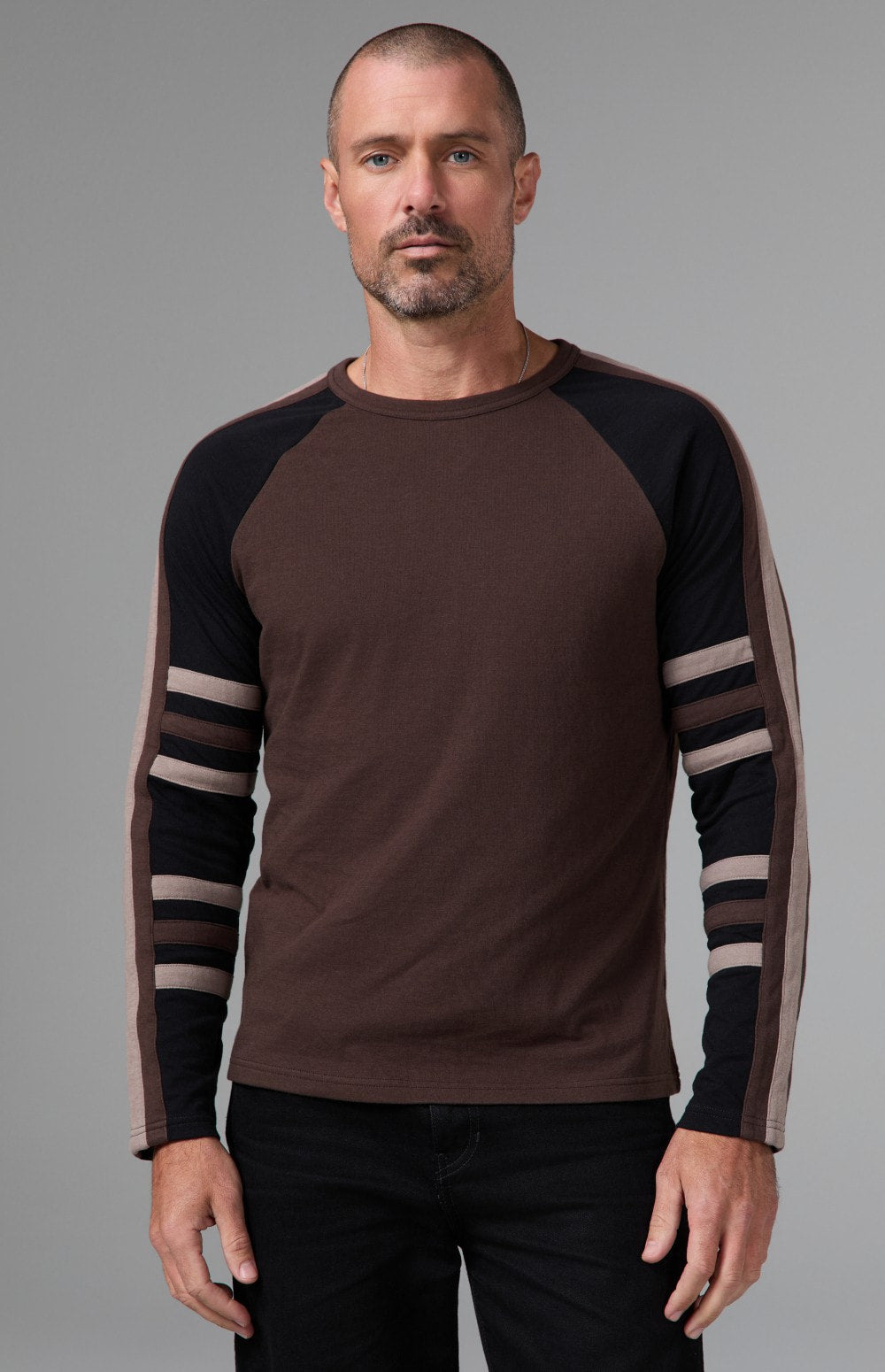 Alp N Rock Saxon Raglan Stripe Crew, dark brown longsleeve crew neck shirt for men