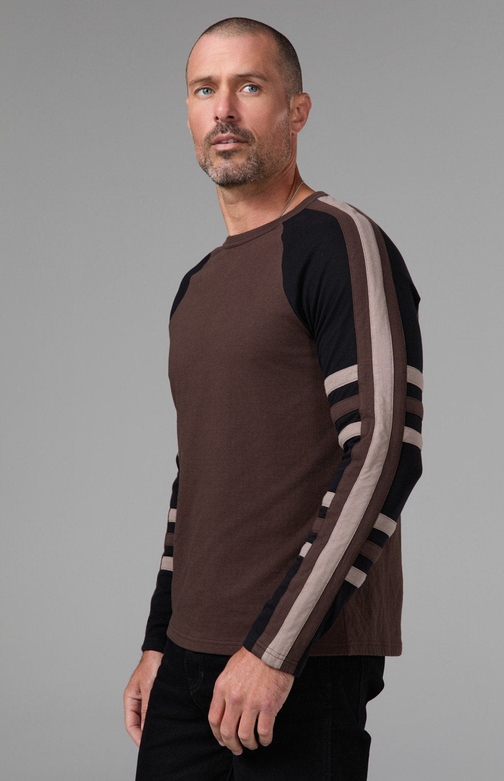 Alp N Rock Saxon Raglan Stripe Crew, dark brown longsleeve crew neck shirt for men