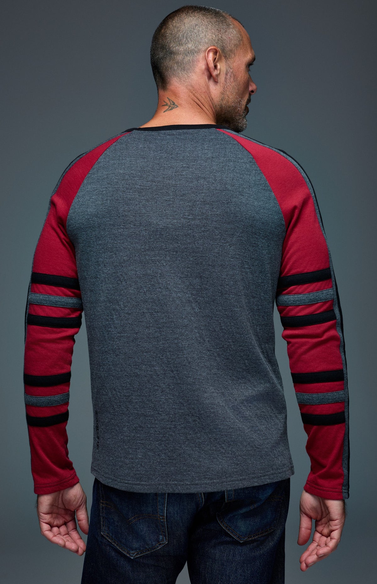 Alp N Rock Saxon Raglan Stripe Crew, grey longsleeve crew neck shirt with black and red stripes for men