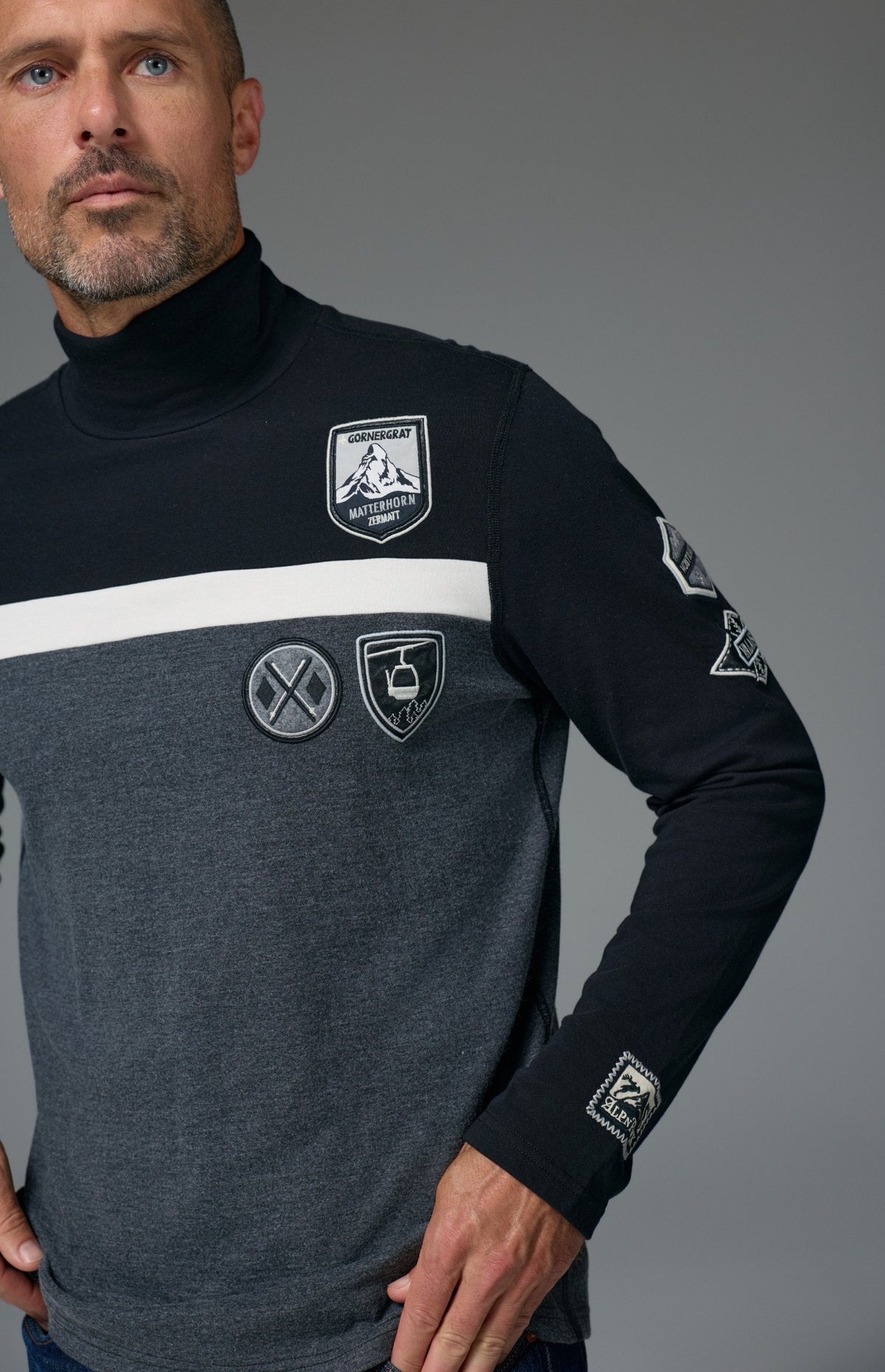 Alp N Rock Shiloh Mock Shirt, black and grey longsleeve turtleneck sweater with ski patches for men