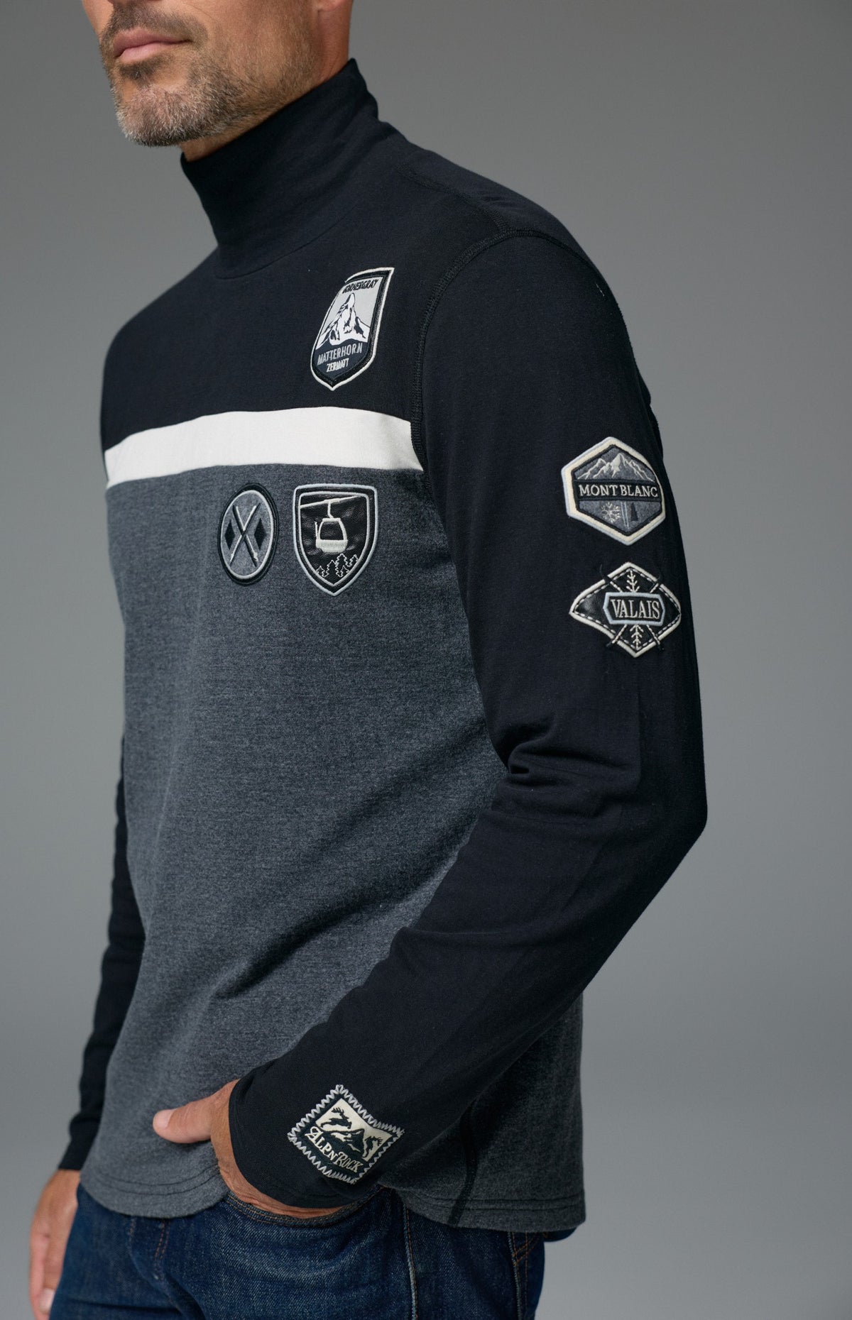 Alp N Rock Shiloh Mock Shirt, black and grey longsleeve turtleneck sweater with ski patches for men