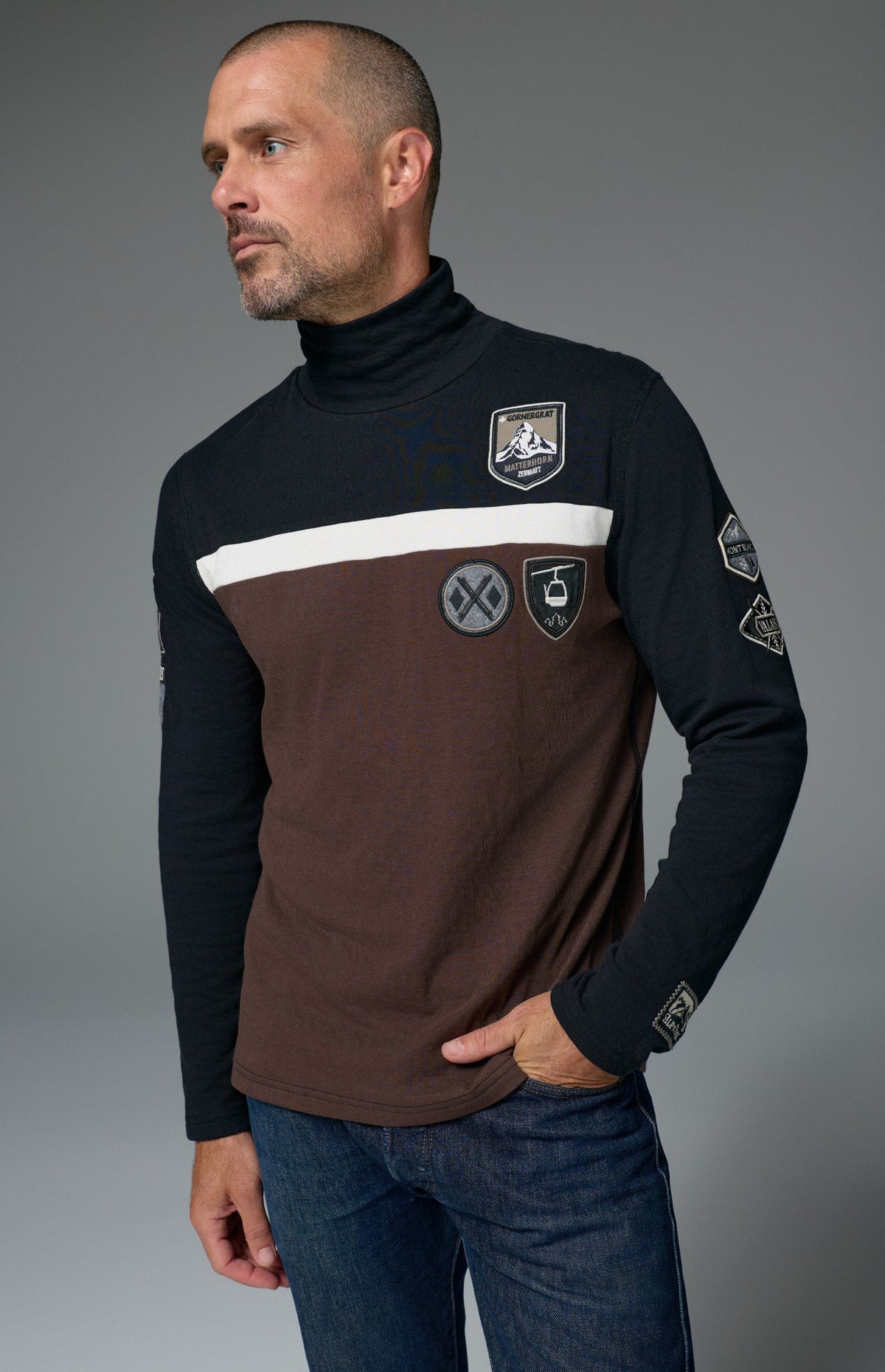 Alp N Rock Shiloh Mock Shirt, black and brown longsleeve turtleneck sweater with ski patches for men