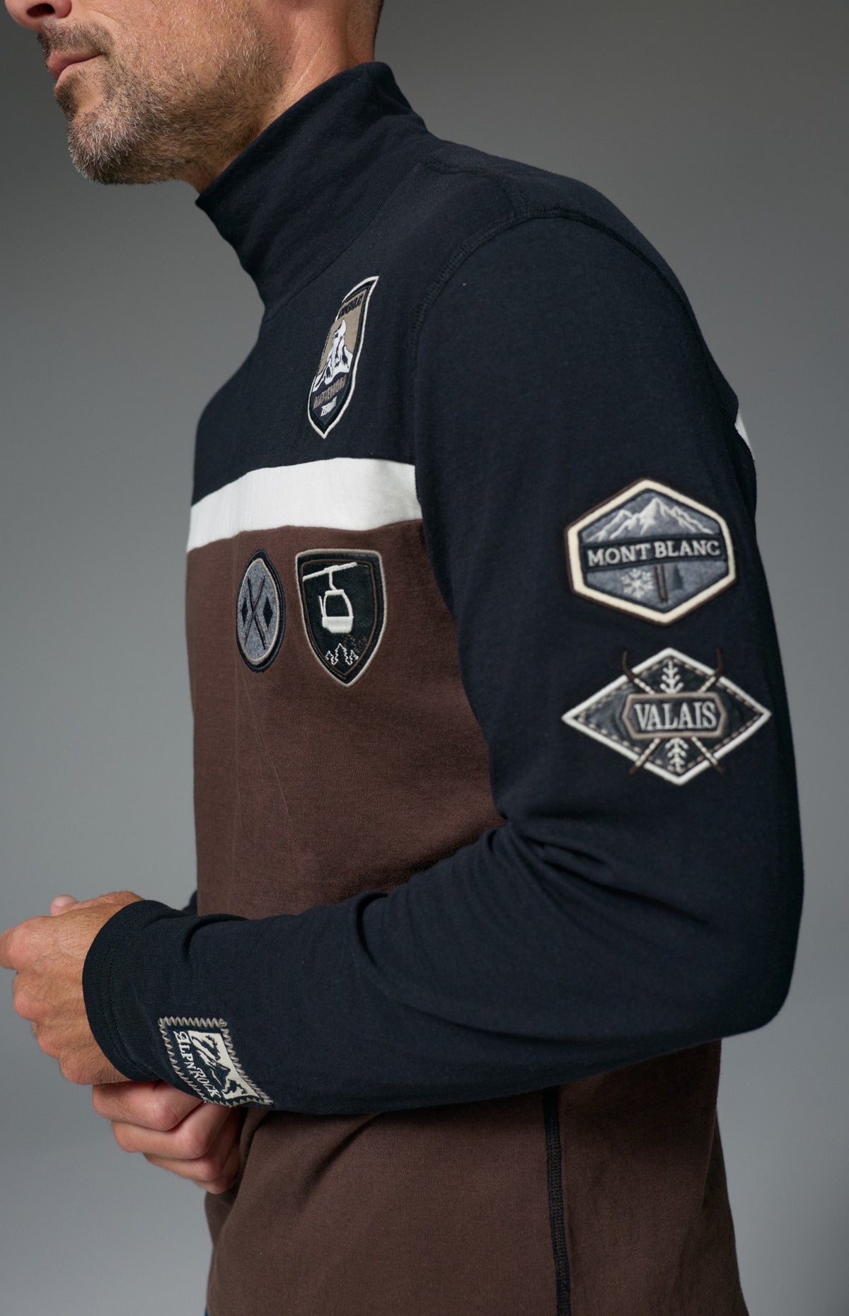Alp N Rock Shiloh Mock Shirt, black and brown longsleeve turtleneck sweater with ski patches for men