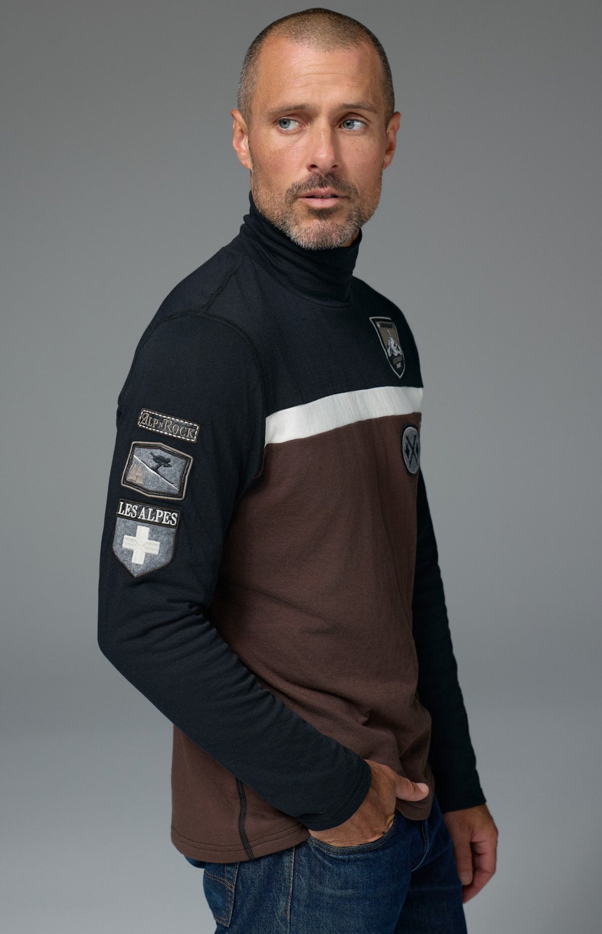 Alp N Rock Shiloh Mock Shirt, black and brown longsleeve turtleneck sweater with ski patches for men