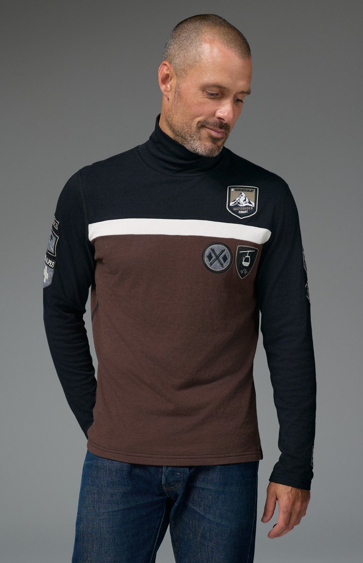 Alp N Rock Shiloh Mock Shirt, black and brown longsleeve turtleneck sweater with ski patches for men