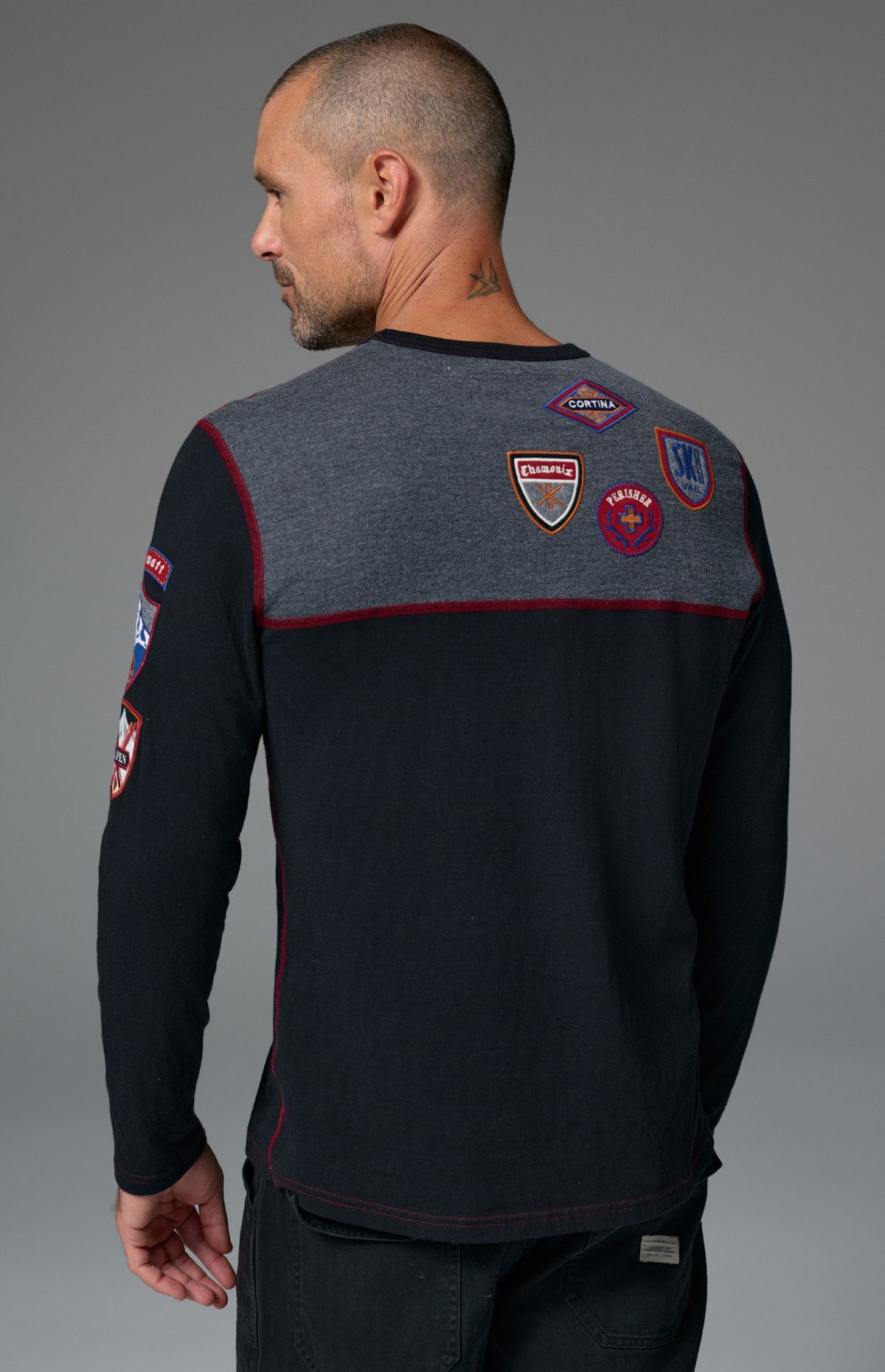 Alp N Rock Ski Patch Men's Crew, black and grey longsleeve sweater with ski patches all over for men