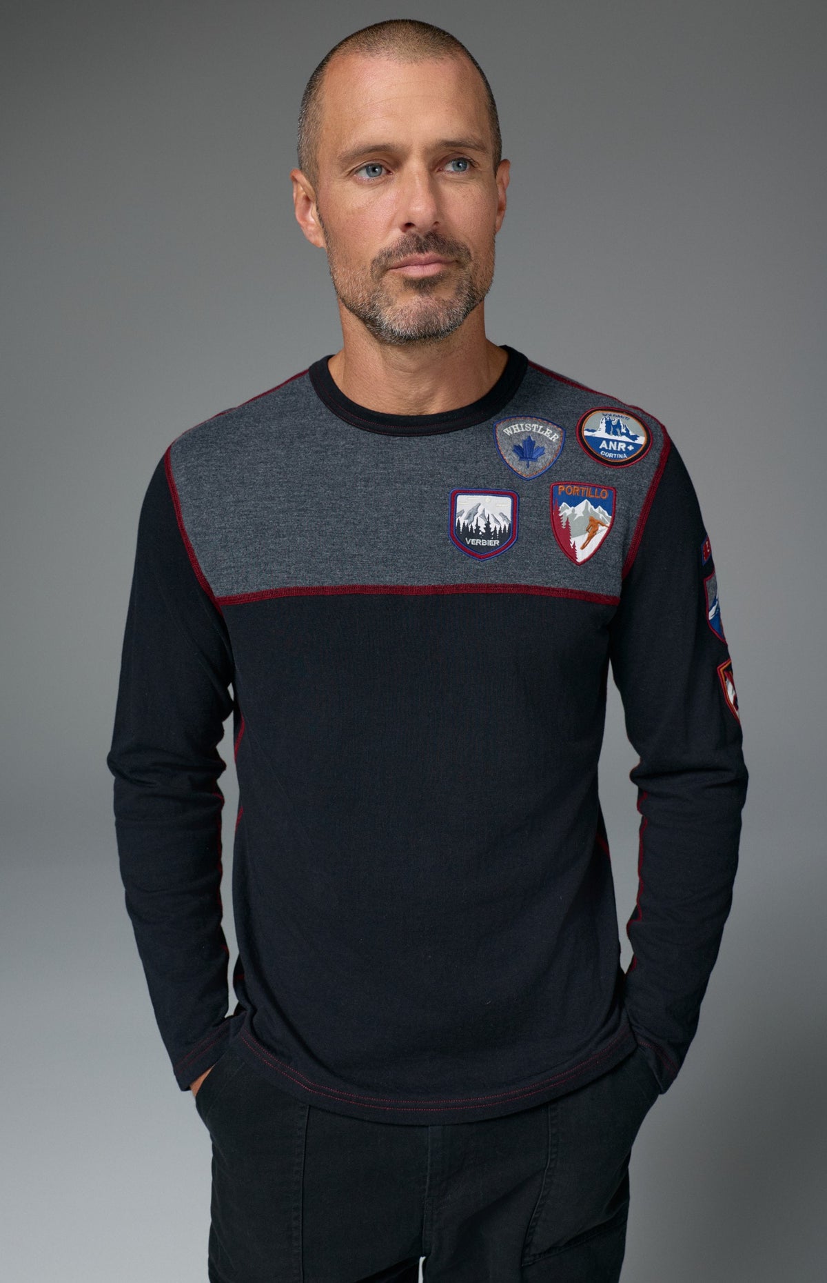Alp N Rock Ski Patch Men's Crew, black and grey longsleeve sweater with ski patches all over for men