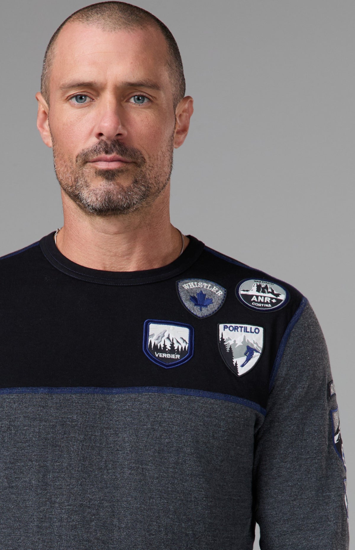 Alp N Rock Ski Patch Men's Crew, black and grey longsleeve sweater with ski patches all over for men