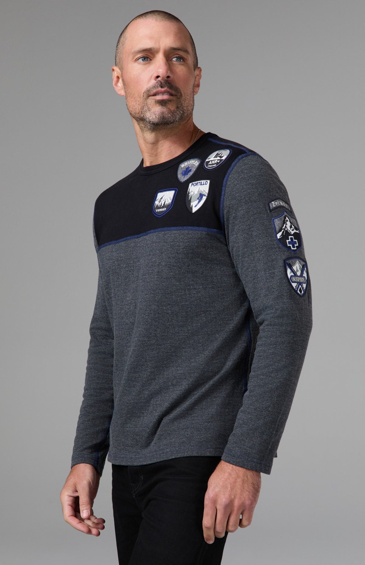 Alp N Rock Ski Patch Men's Crew, black and grey longsleeve sweater with ski patches all over for men