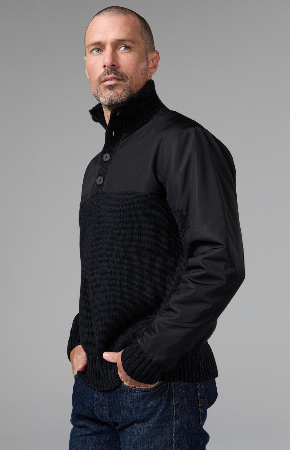 Alp N Rock Apollo Mock Sweater, black mock neck henley sweater for men with a button neckline
