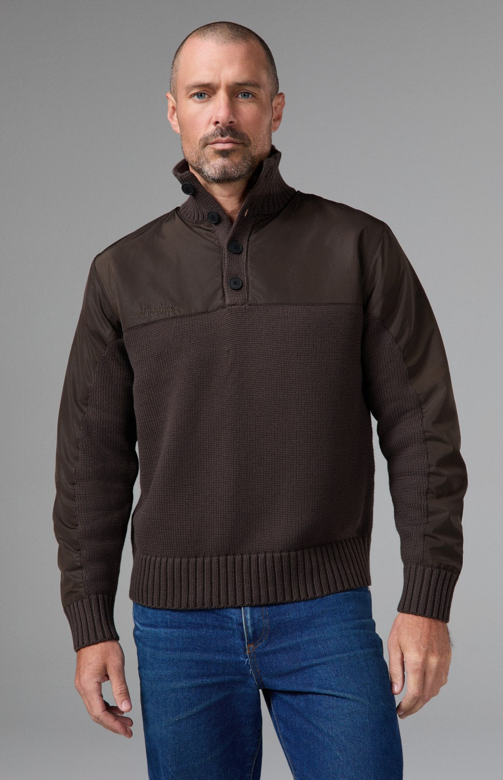 Alp N Rock Apollo Mock Sweater, dark brown mock neck henley sweater for men with a button neckline