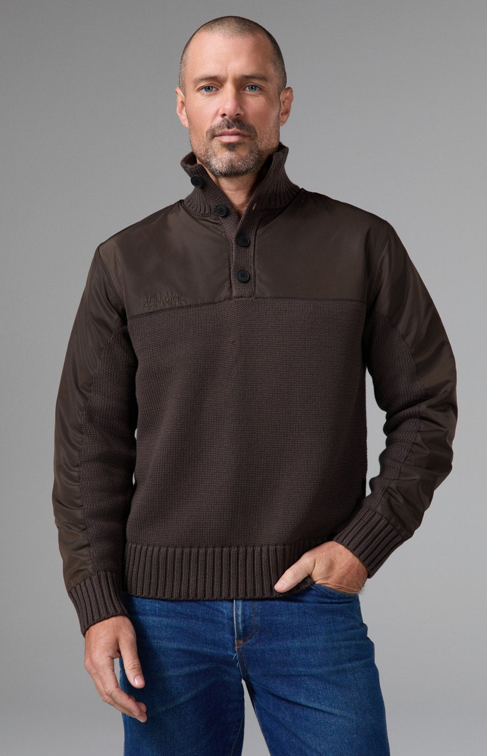 Alp N Rock Apollo Mock Sweater, dark brown mock neck henley sweater for men with a button neckline