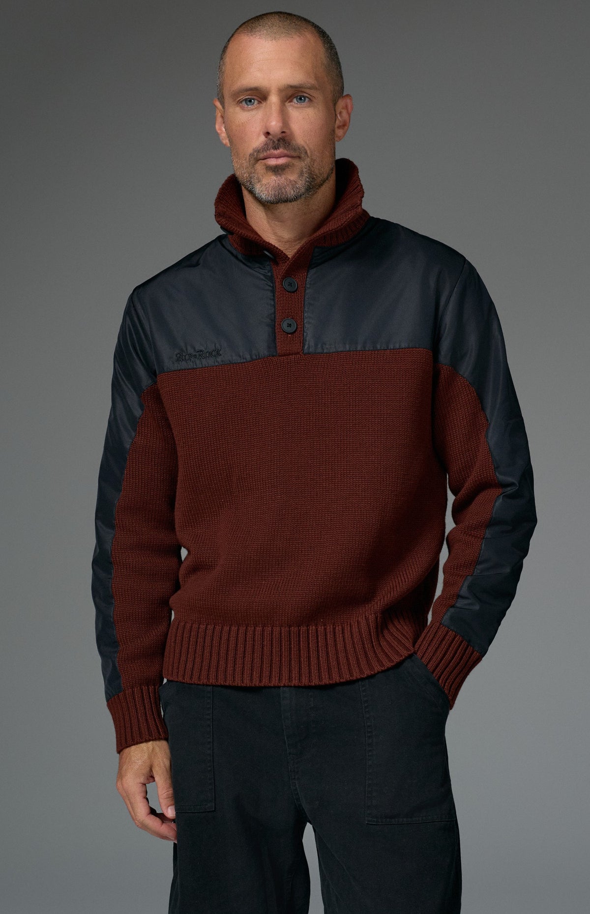 Alp N Rock Apollo Mock Sweater, dark red and black mock neck henley sweater for men with a button neckline
