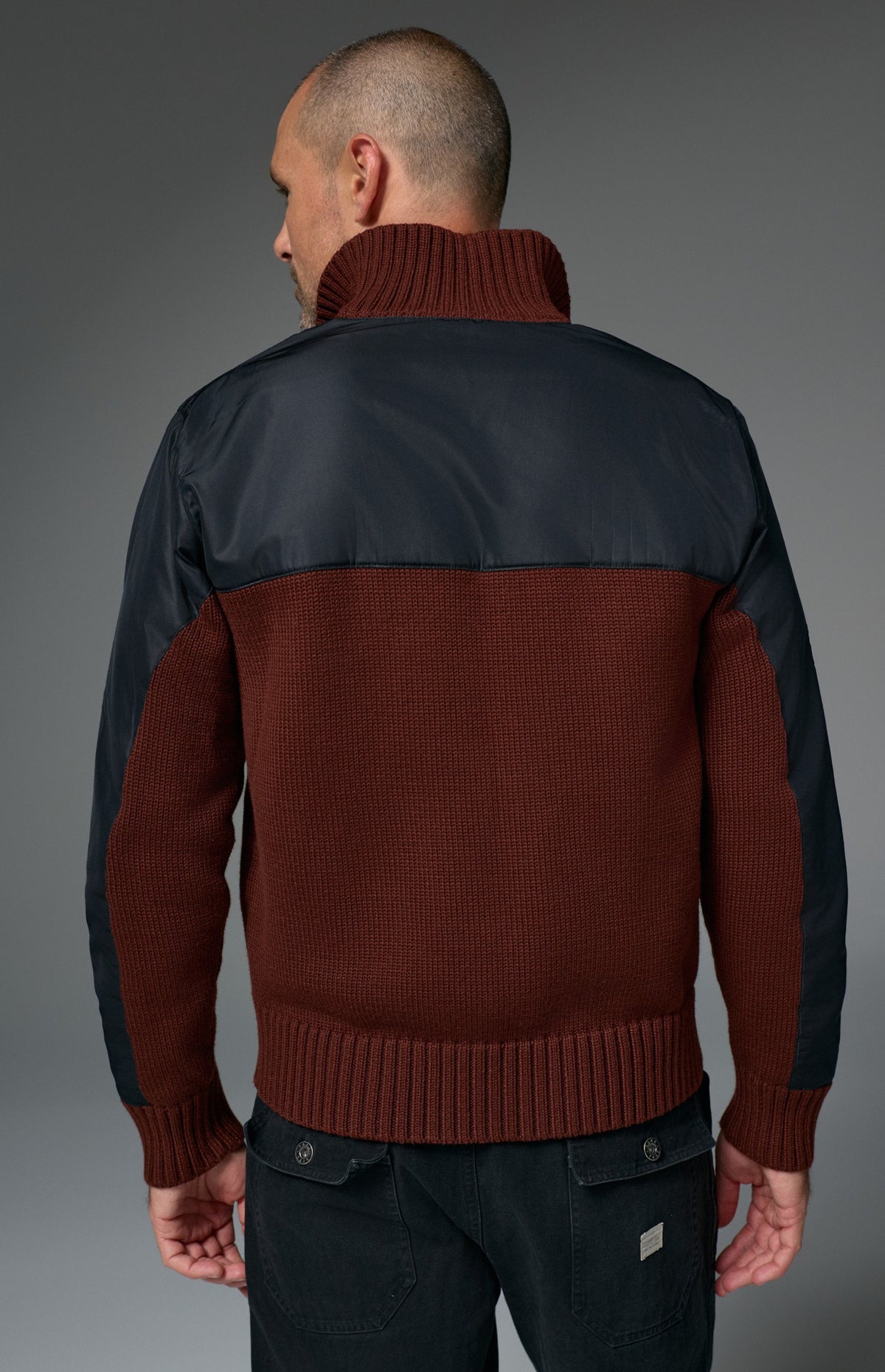 Alp N Rock Apollo Mock Sweater, dark red and black mock neck henley sweater for men with a button neckline