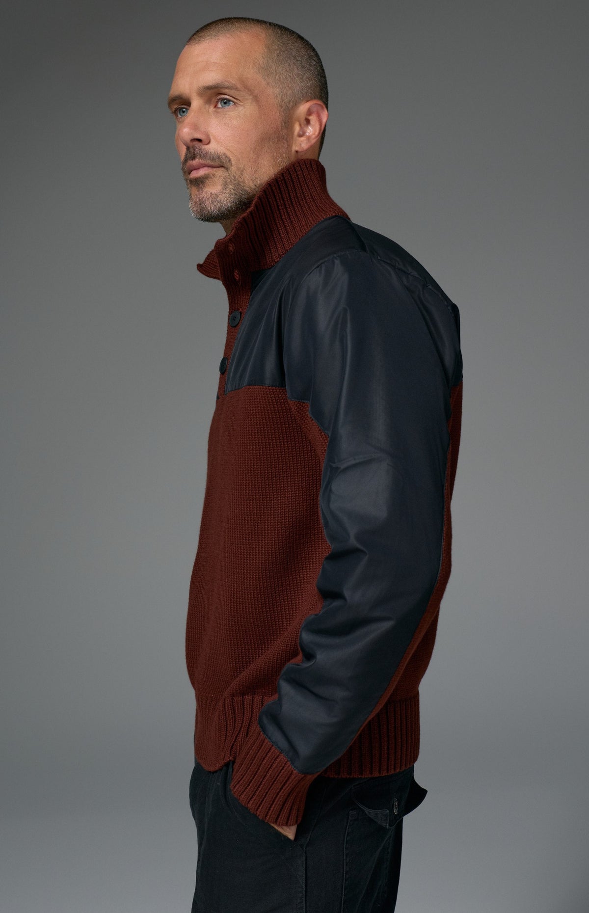 Alp N Rock Apollo Mock Sweater, dark red and black mock neck henley sweater for men with a button neckline