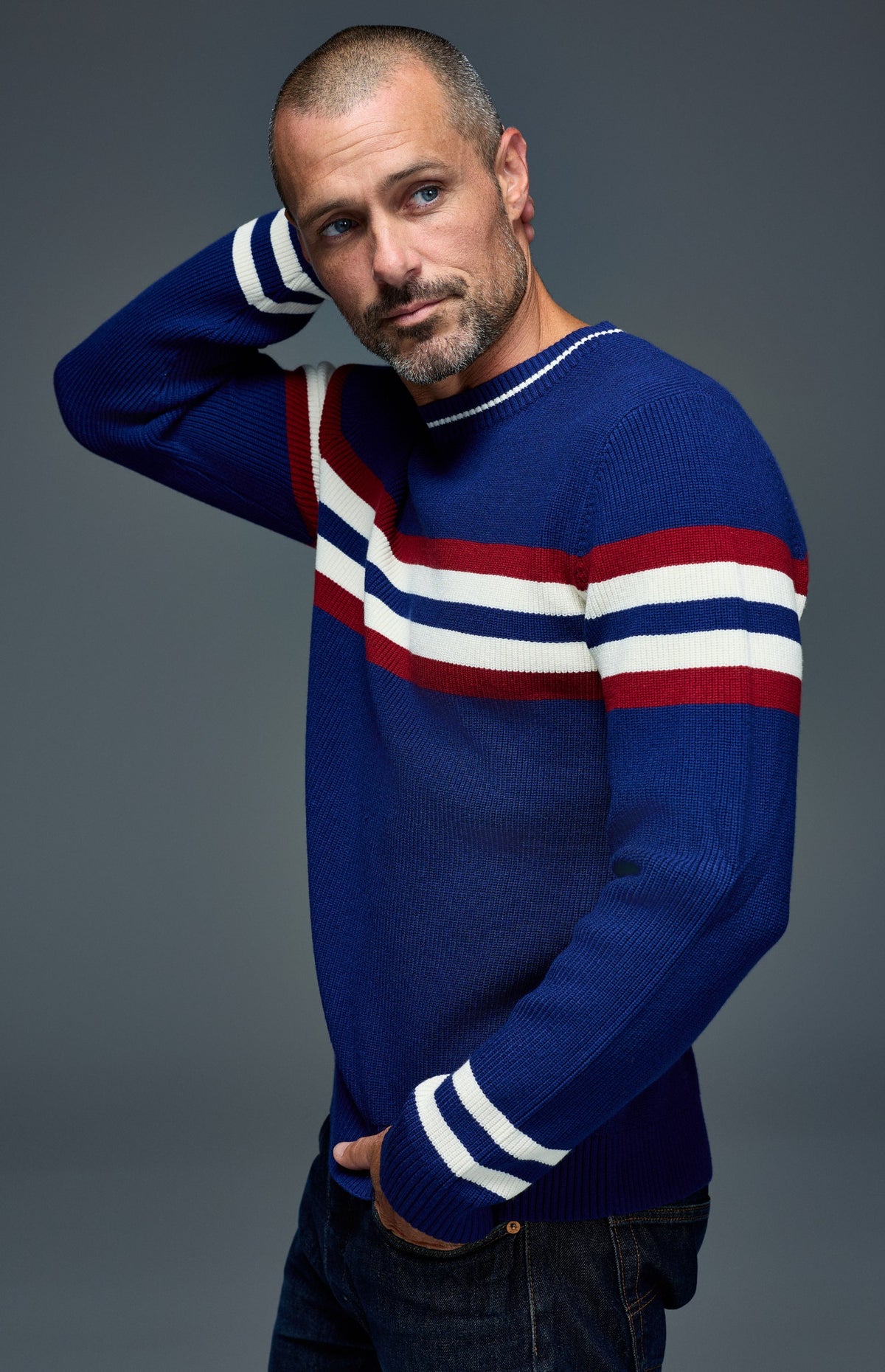 Alp N Rock Cameron Stripe Crew Sweater, deep blue crew neck stripe sweater for men