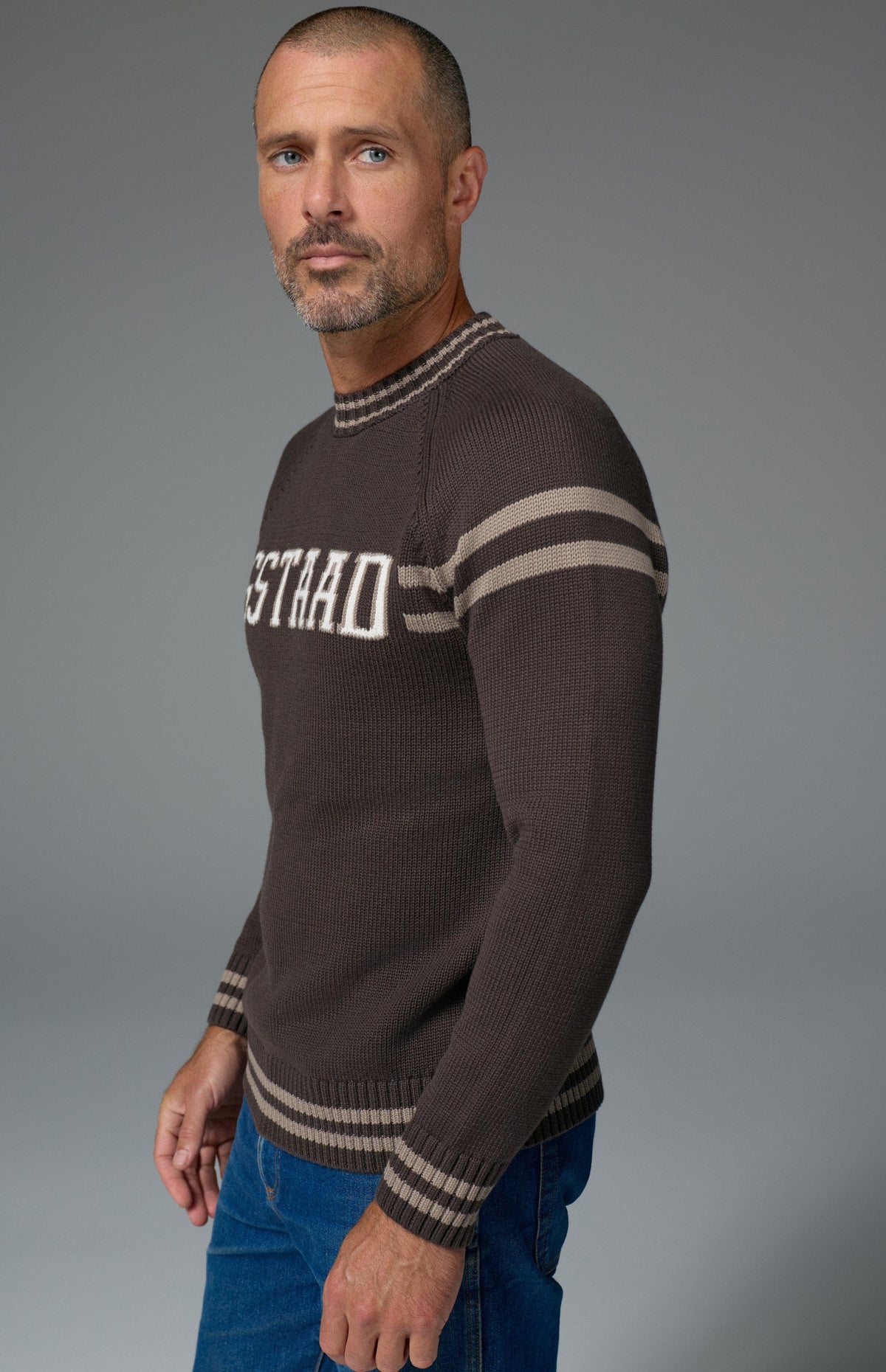 Alp N Rock Gstaad Men's Ski Sweater, men's brown mock neck longsleeve sweater with Gstaad lettering on the chest