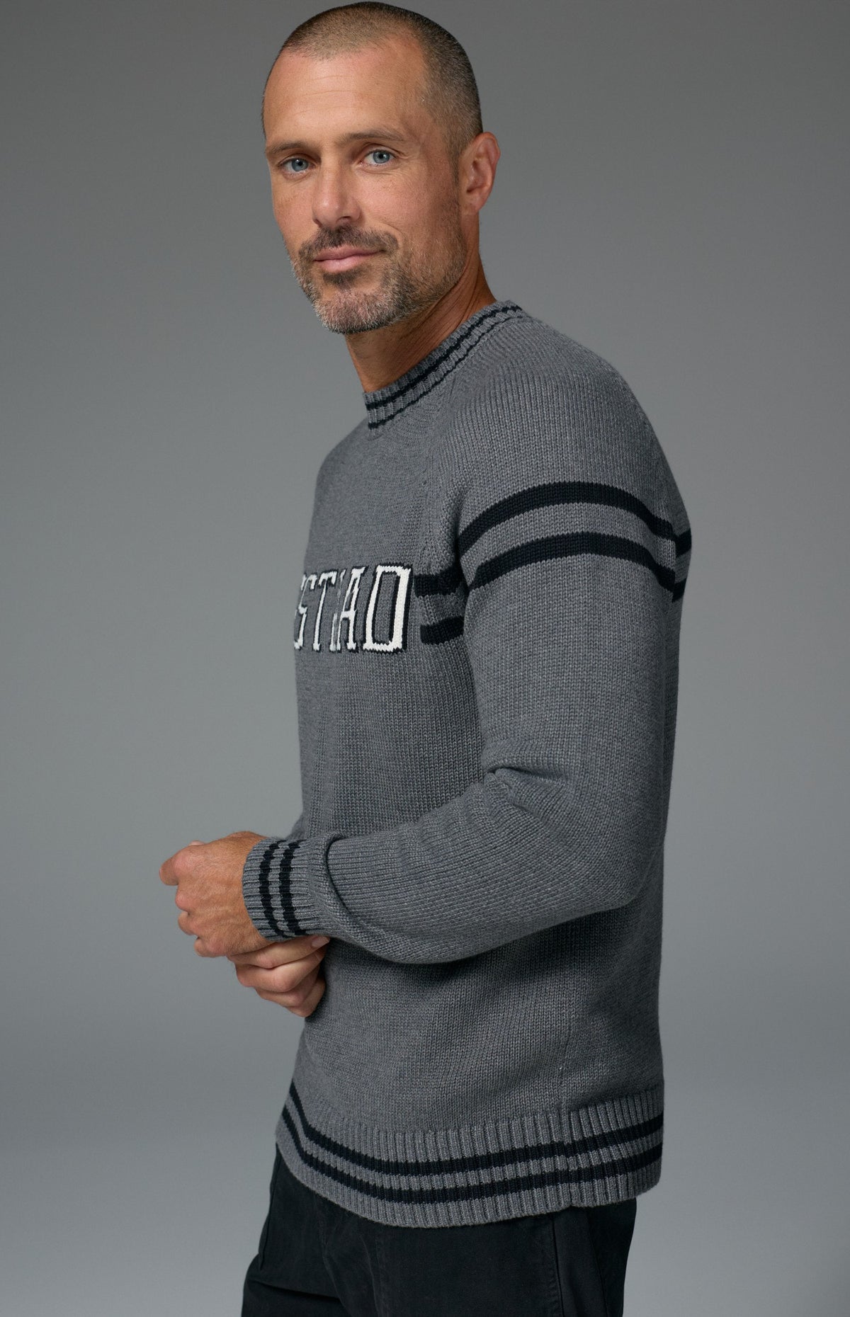Alp N Rock Gstaad Men's Ski Sweater, heather grey men's mock neck longsleeve sweater with Gstaad lettering on the chest