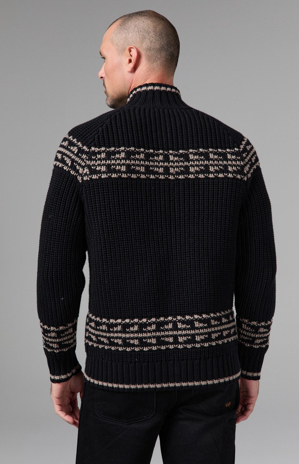 Alp N Rock Theo Full Zip Fair Isle Sweater, black full zip mock neck sweater for men