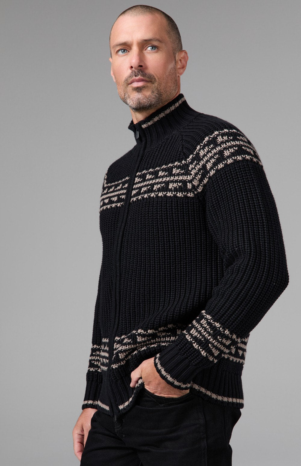 Alp N Rock Theo Full Zip Fair Isle Sweater, black full zip mock neck sweater for men