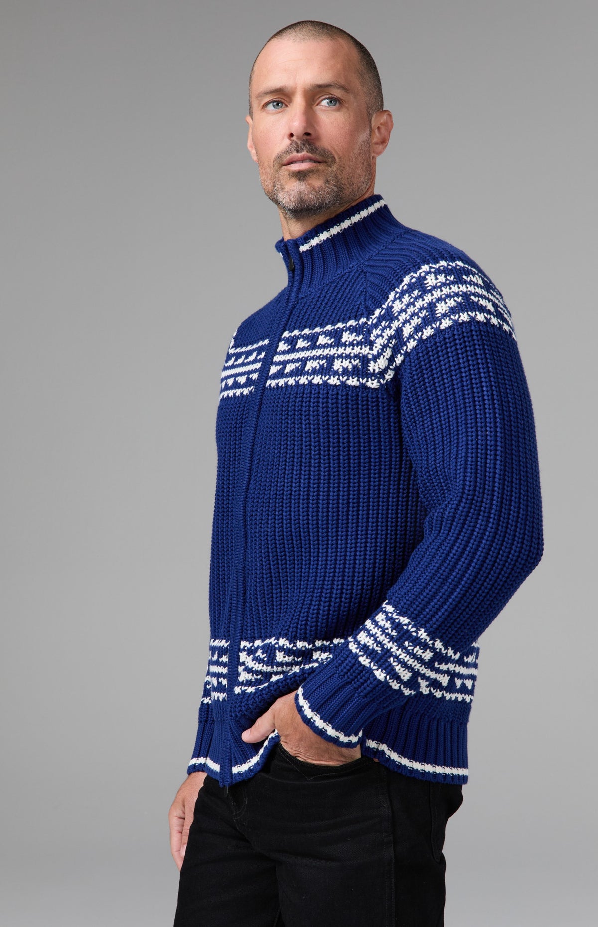 Alp N Rock Theo Sweater, deep blue longsleeve full zip sweater with white fair isle details