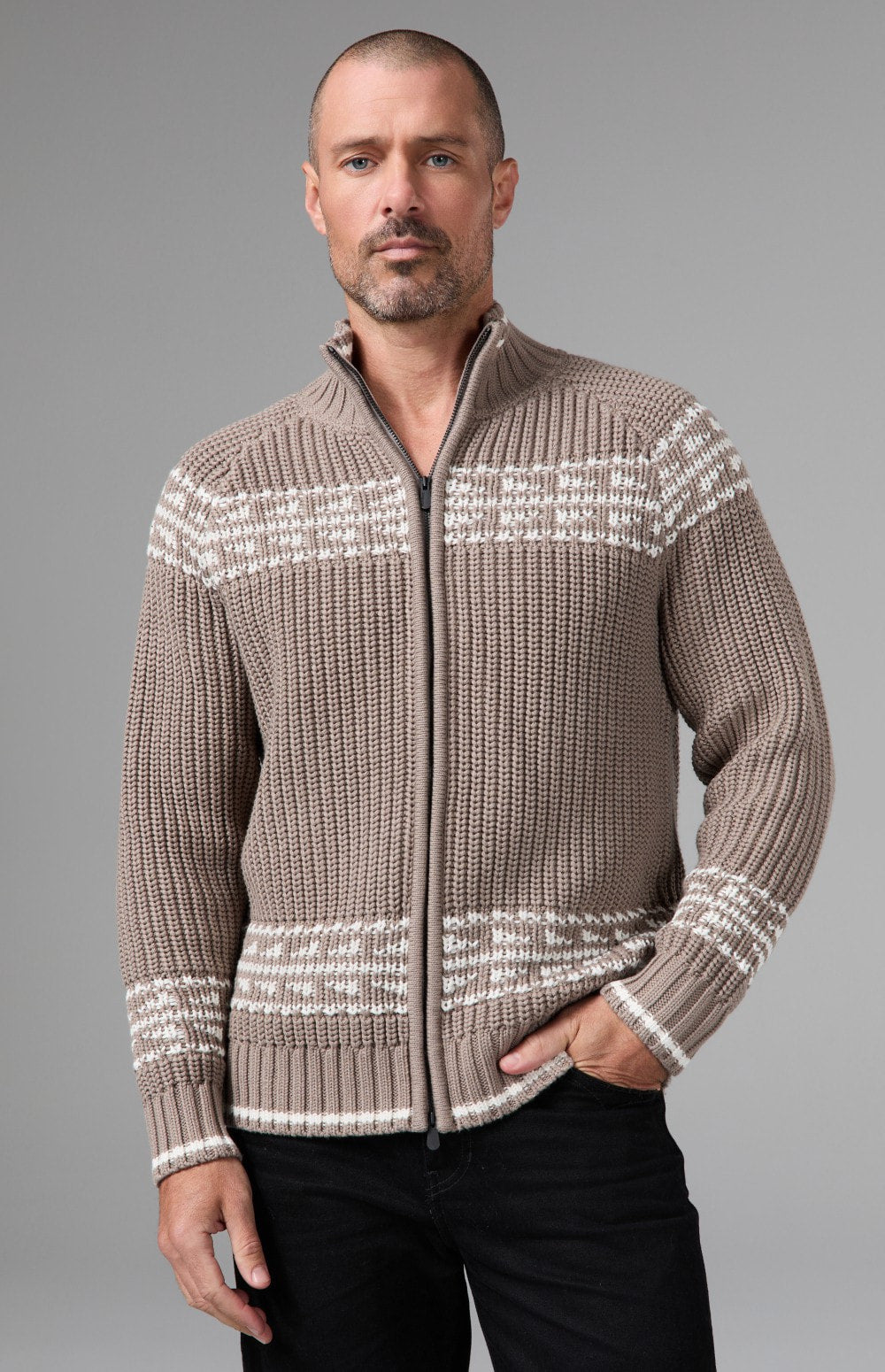 Alp N Rock Theo Full Zip Fair Isle Sweater, taupe full zip mock neck sweater for men