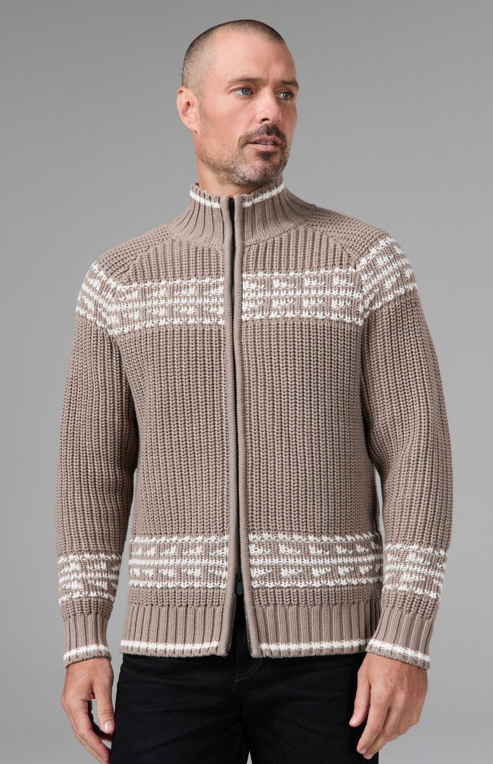 Alp N Rock Theo Full Zip Fair Isle Sweater, taupe full zip mock neck sweater for men