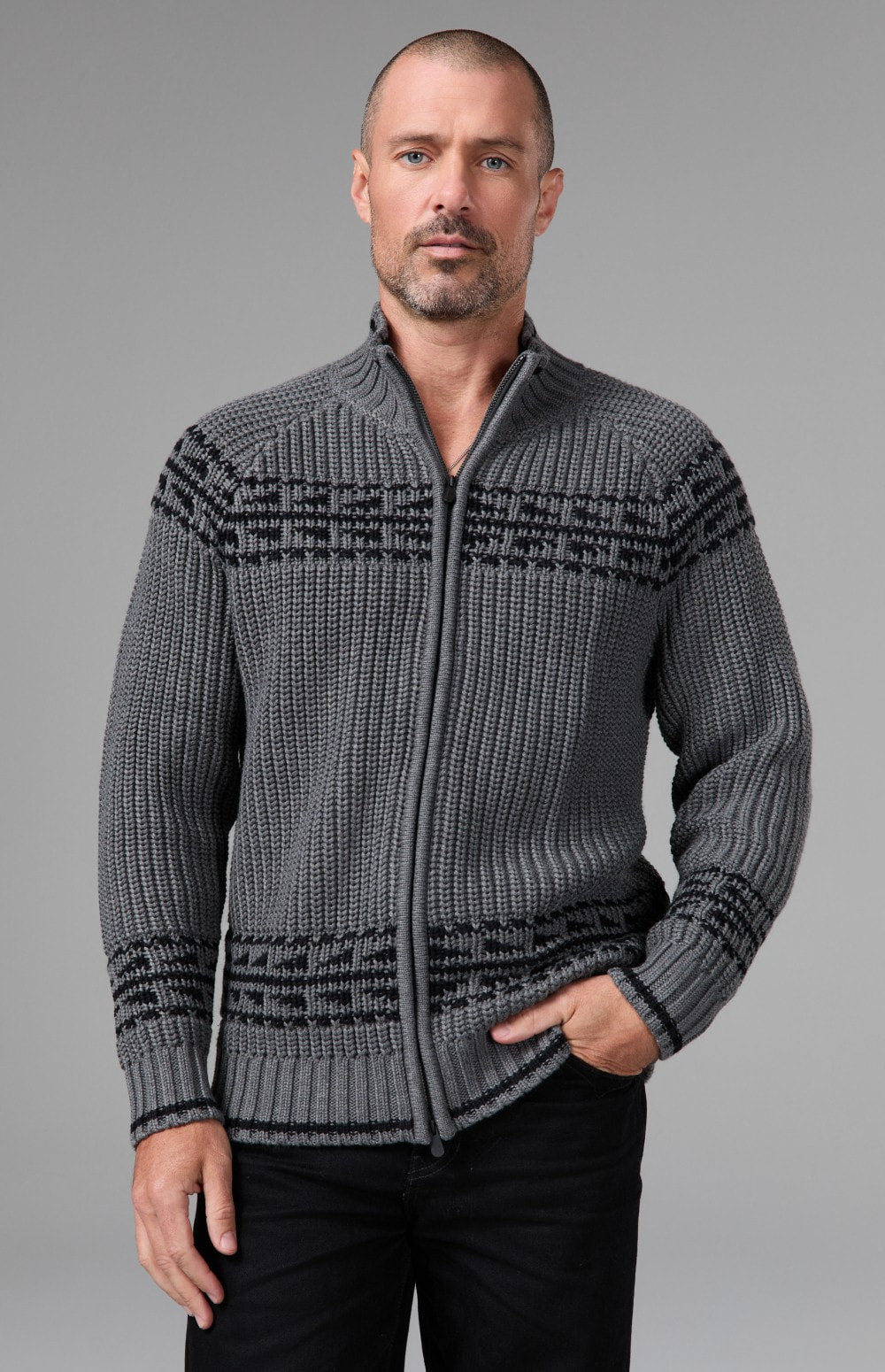Alp N Rock Theo Full Zip Fair Isle Sweater, heather grey full zip mock neck sweater for men