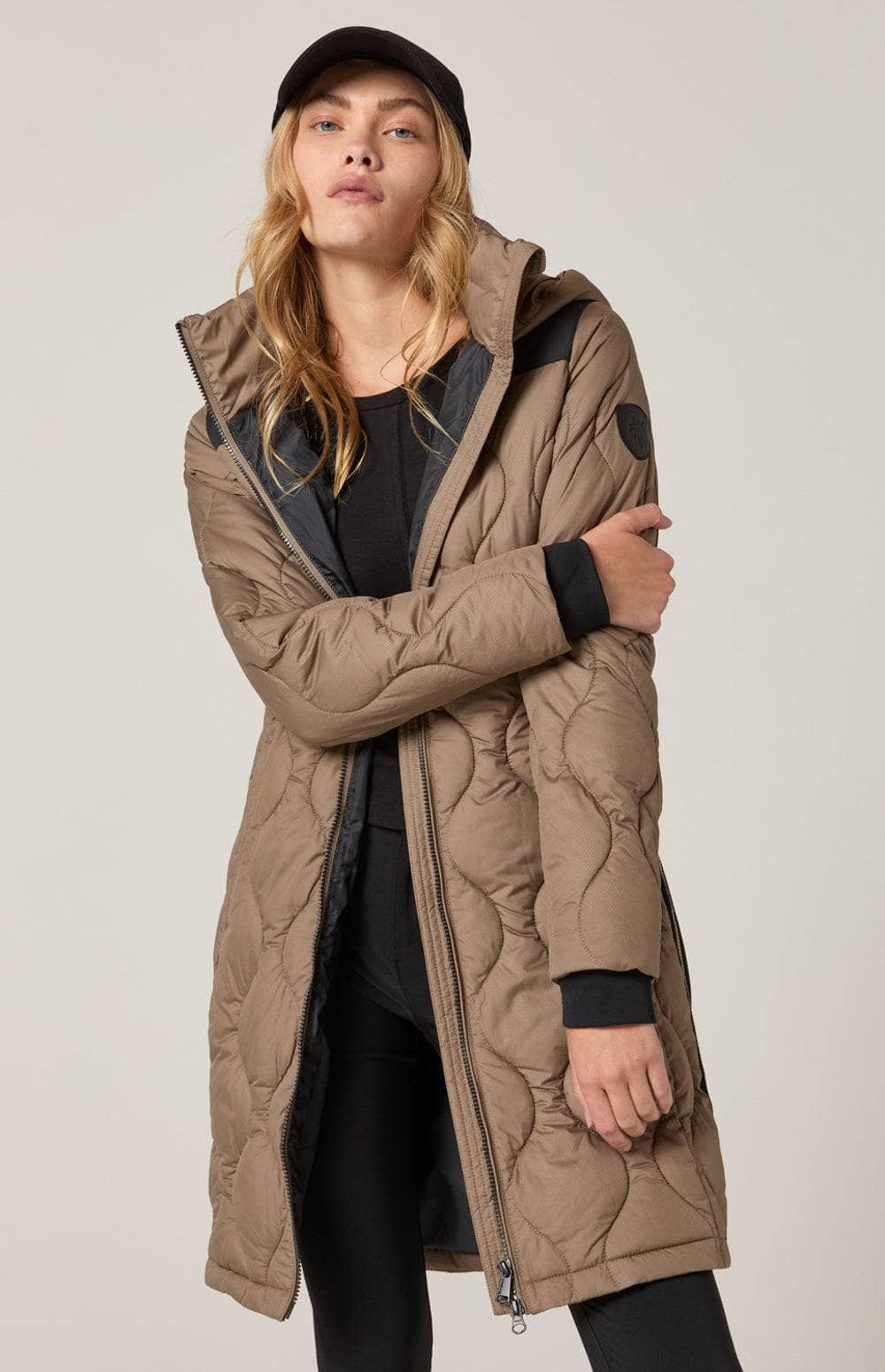 Chamonix Long Jacket by Alp N Rock, Women's Long Brown Puffer Jacket With Hood and Black Accents