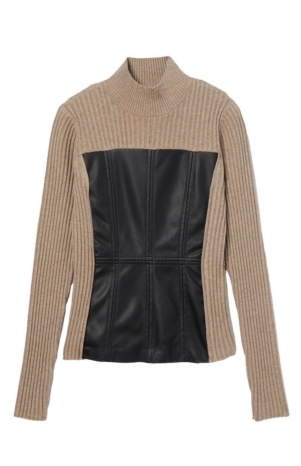 Clara Sweater by Alp N Rock, Women's Beige Sweater with Mock Neck and Faux Leather Bodice