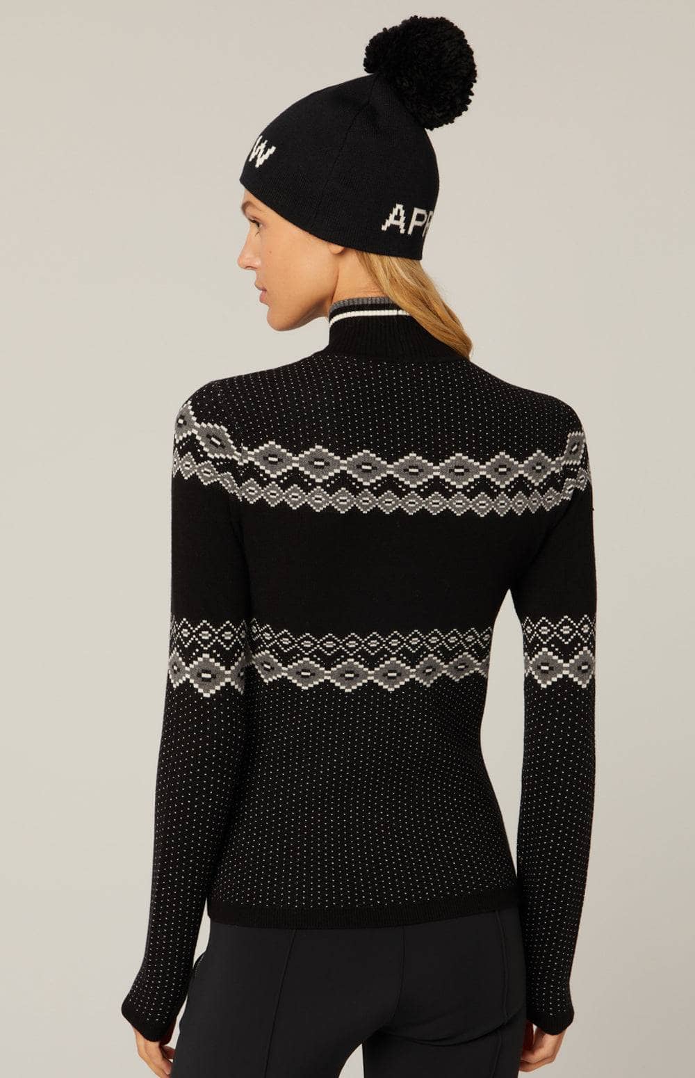 Goldie Mock Neck Sweater by Alp N Rock, Women's Black and White Ski Sweater with Fair Isle Designa and Ski Lettering on Chest