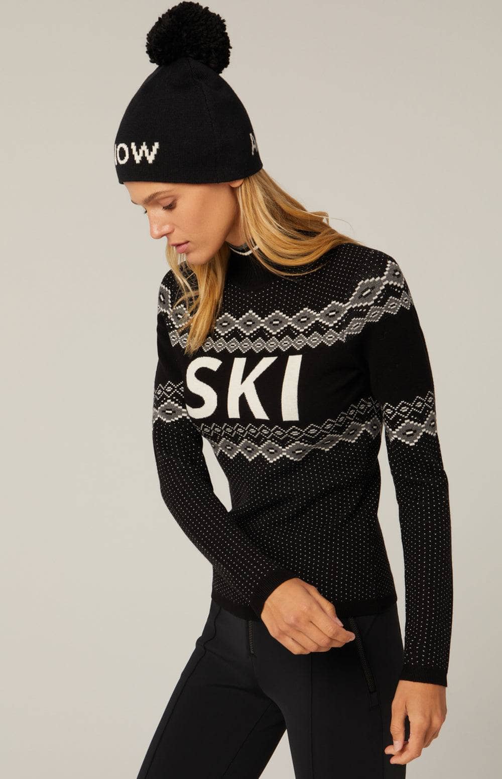 Goldie Mock Neck Sweater by Alp N Rock, Women's Black and White Ski Sweater with Fair Isle Designa and Ski Lettering on Chest