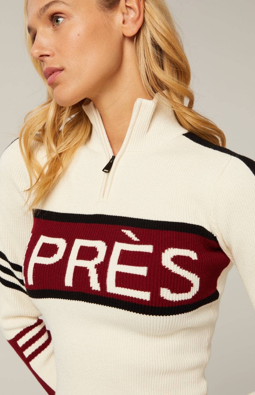 Kate 1/2 Zip Sweater by Alp N Rock, Women's White Ribbed Ski Sweater with Red and Black Stripes and Apres Lettering on Chest