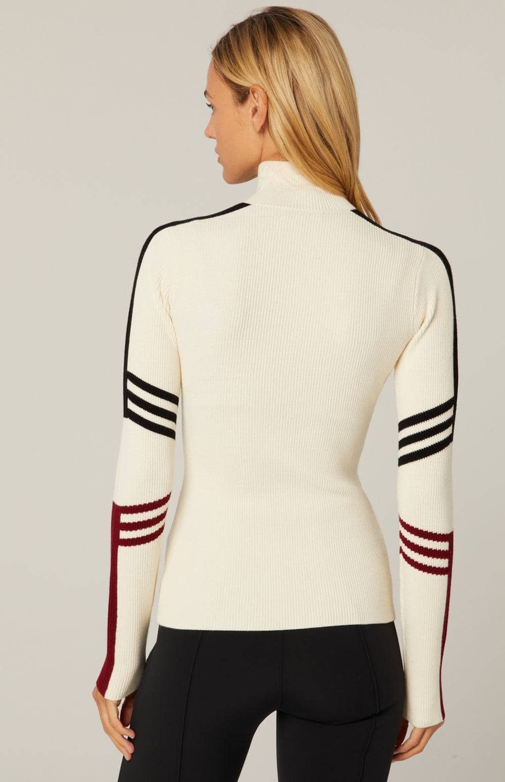 Kate 1/2 Zip Sweater by Alp N Rock, Women's White Ribbed Ski Sweater with Red and Black Stripes and Apres Lettering on Chest