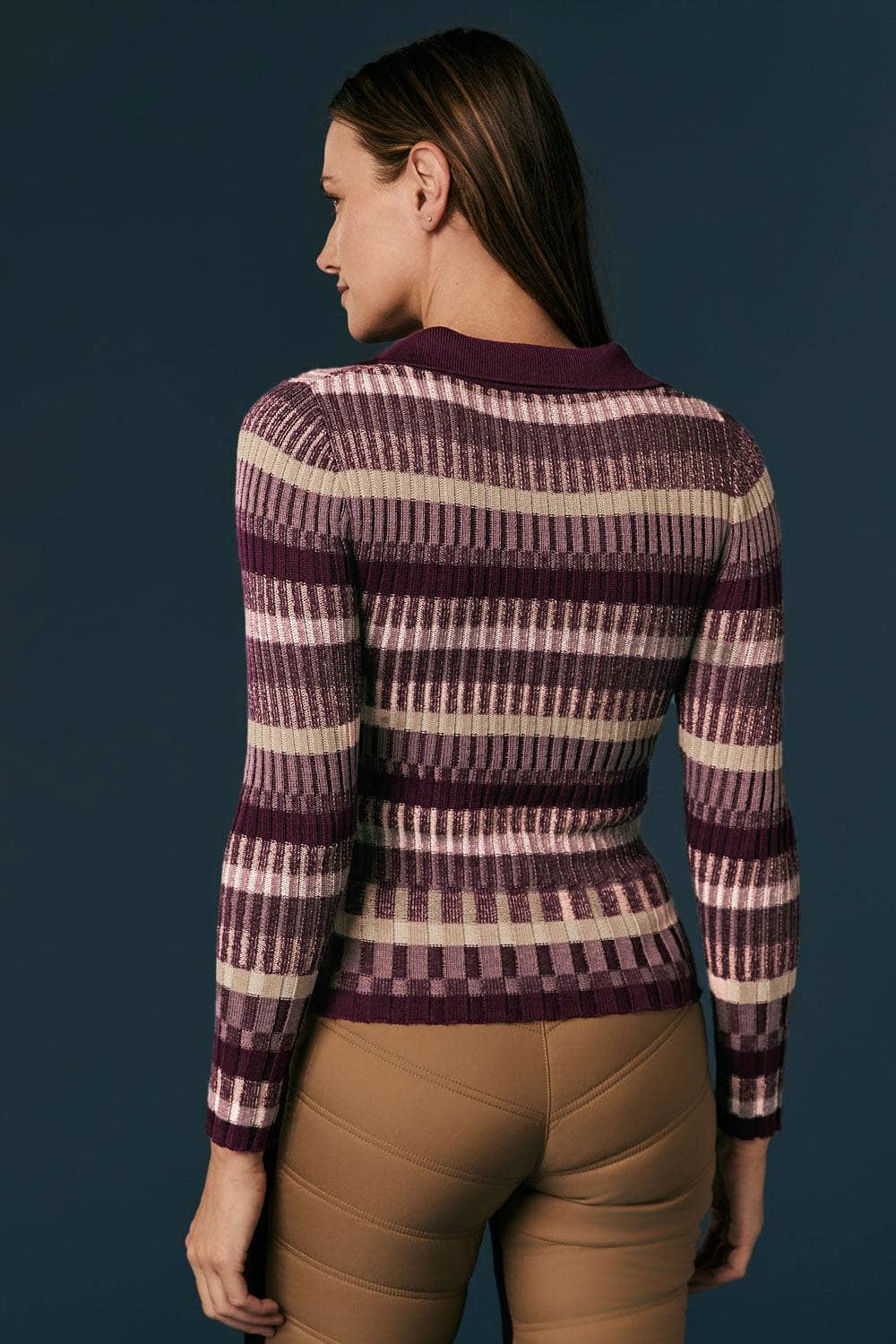 Luisa Polo Sweater by Alp N Rock, Women's Long Sleeve Ribbed Sweater with Light and Dark Purple Stripes
