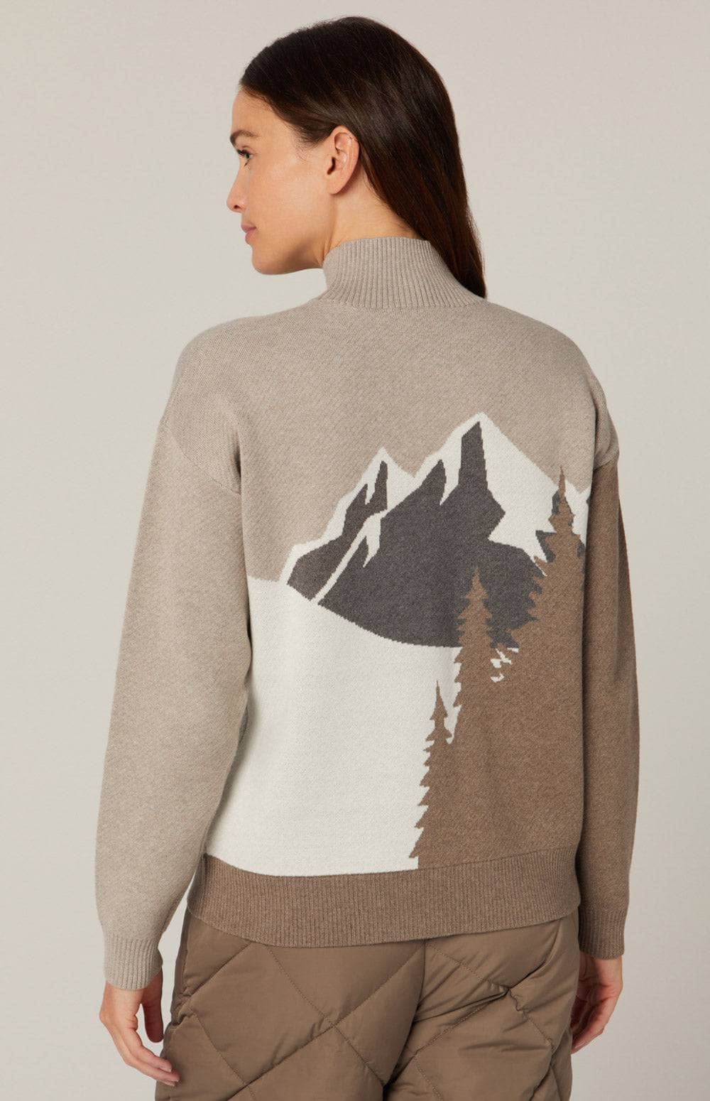 Portia Mock Neck Sweater by Alp N Rock, Women's Soft Beige Ski Sweater with Ski Scene on Front