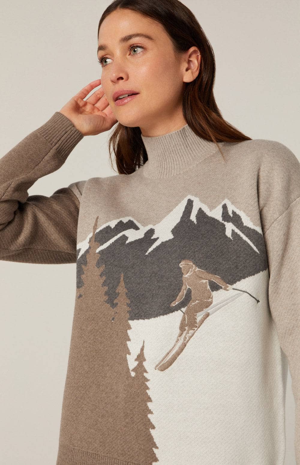 Portia Mock Neck Sweater by Alp N Rock, Women's Soft Beige Ski Sweater with Ski Scene on Front