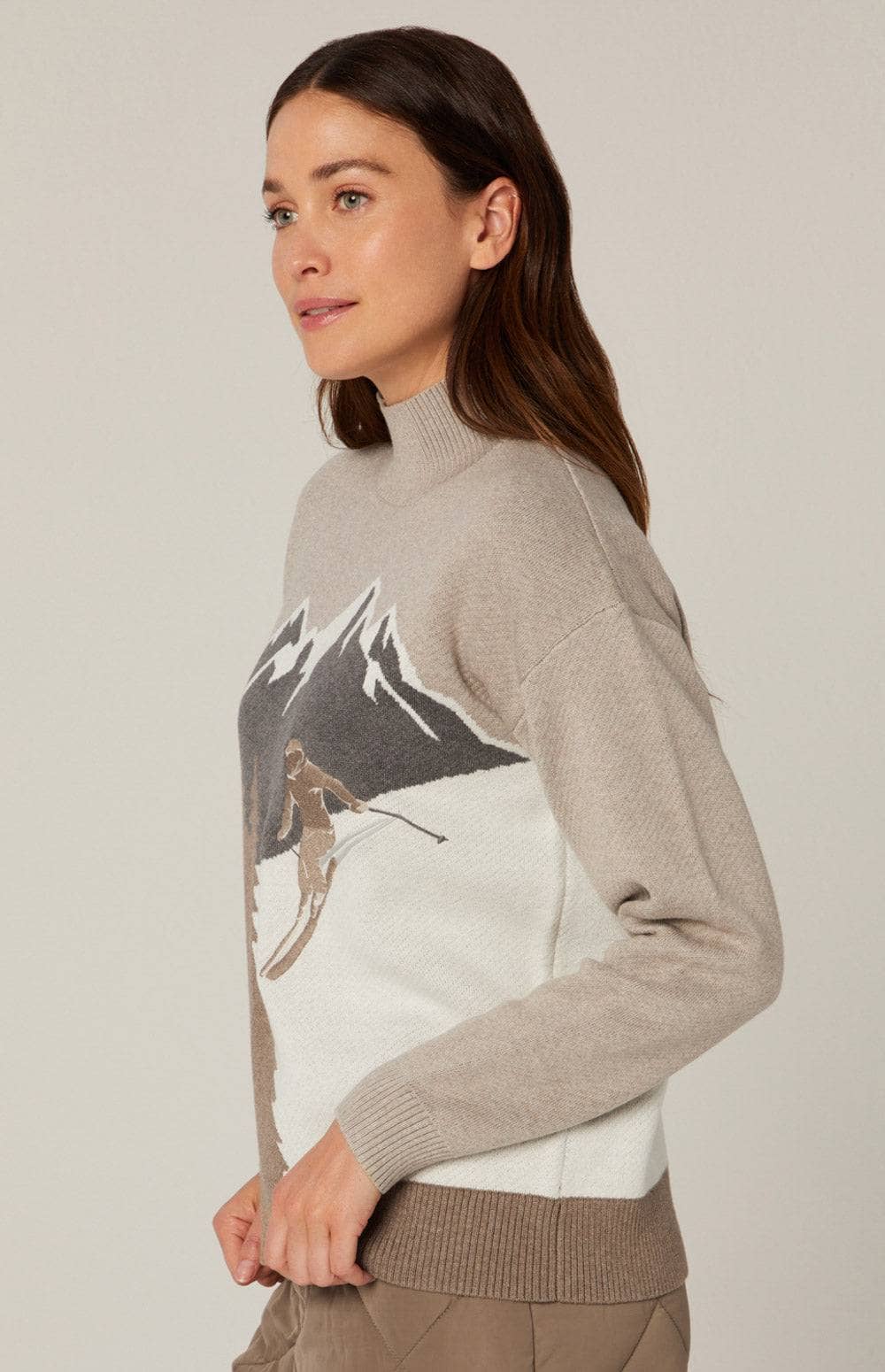 Portia Mock Neck Sweater by Alp N Rock, Women's Soft Beige Ski Sweater with Ski Scene on Front