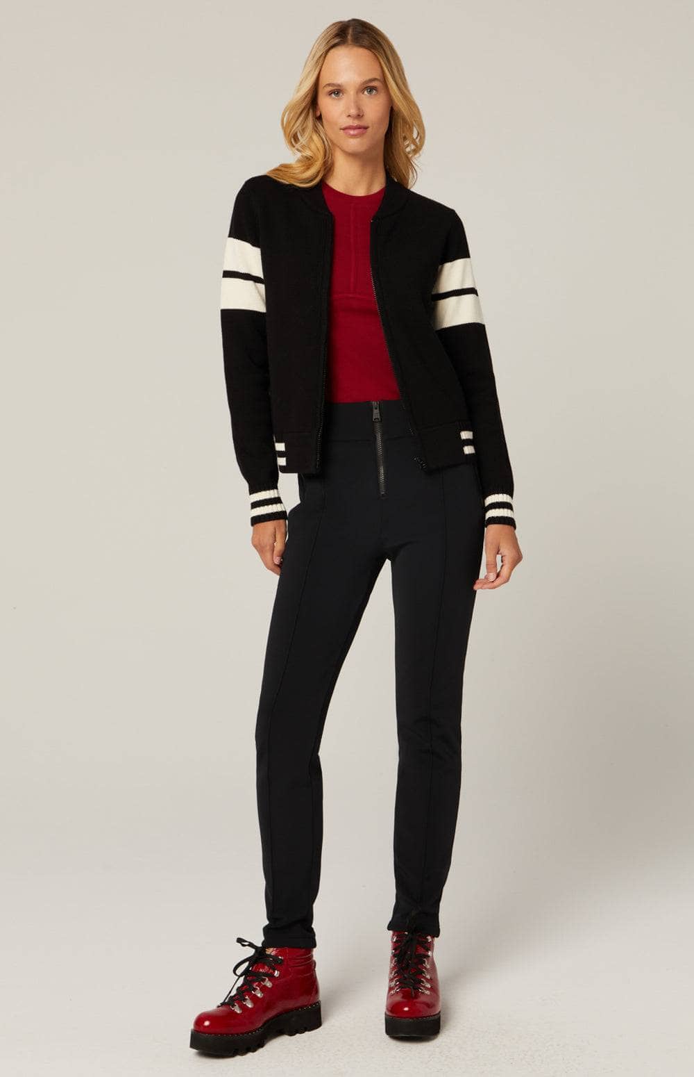 Rory Full Zip Cardigan by Alp N Rock, Women's Ski Zip Cardigan in Black With White Stripes, Ski Applique on Back