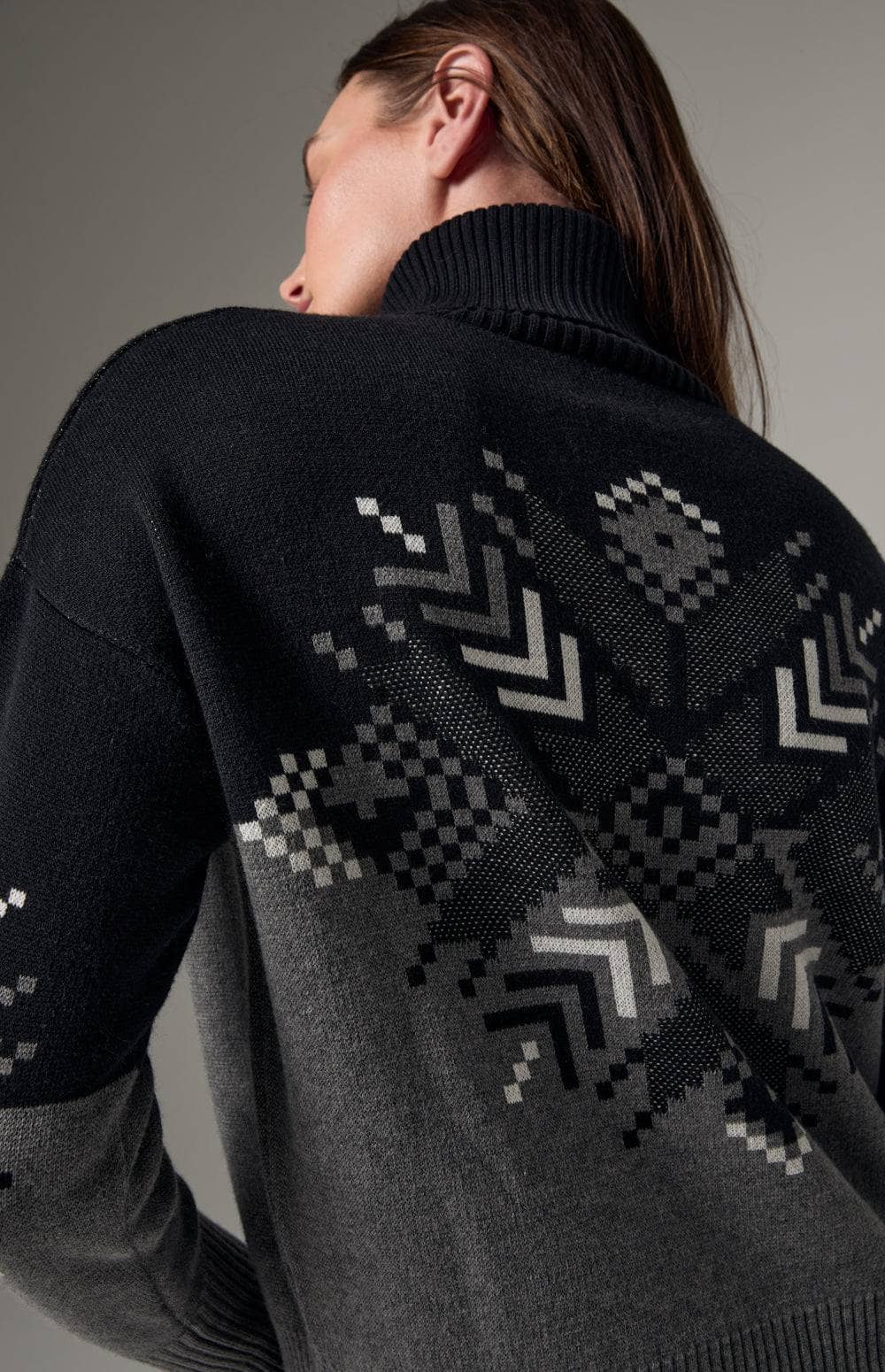 Snowflake Ellis Sweater by Alp N Rock, Women's Mock Neck Black and Grey Ski Sweater with Snowflake Design