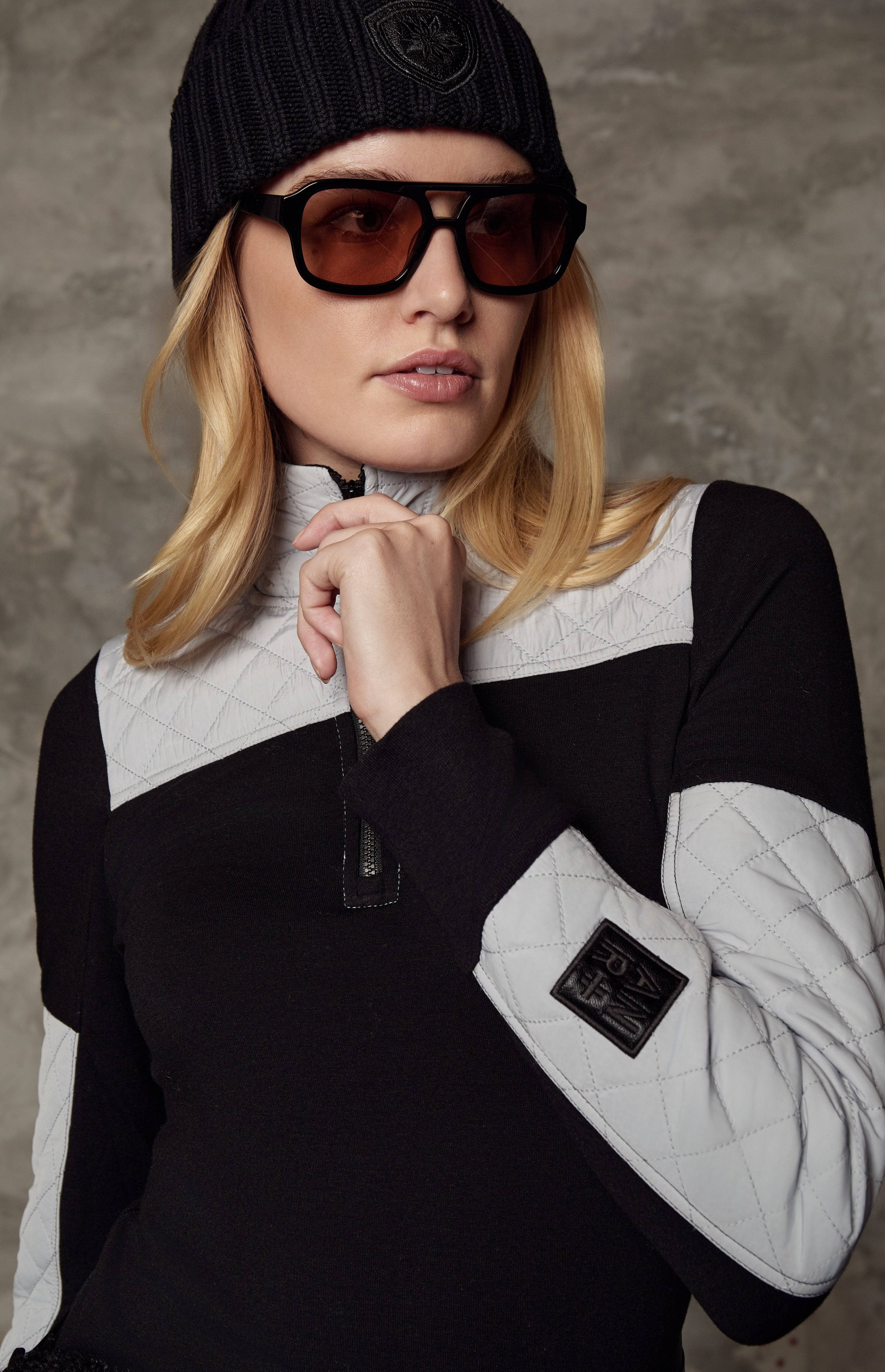 Cody Top by Alp N Rock, Women's Black Long Sleeve Top with Half Zip and Silver Quilting at the Shoulders and Sleeves