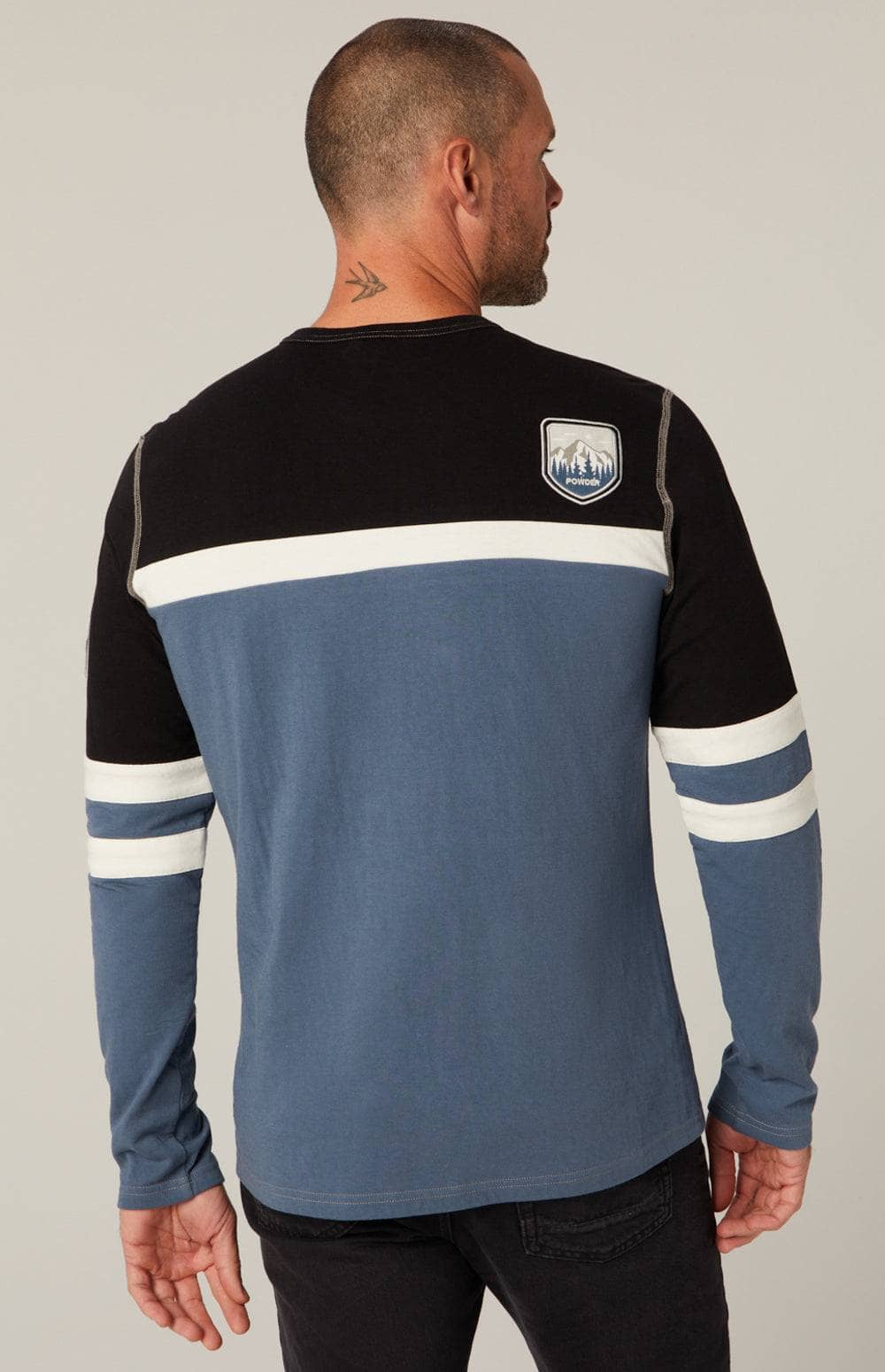 Downhill Crew by Alp N Rock, Men's Slate Blue Ski Crewneck Shirt with Black and White Stripes and Ski Patches