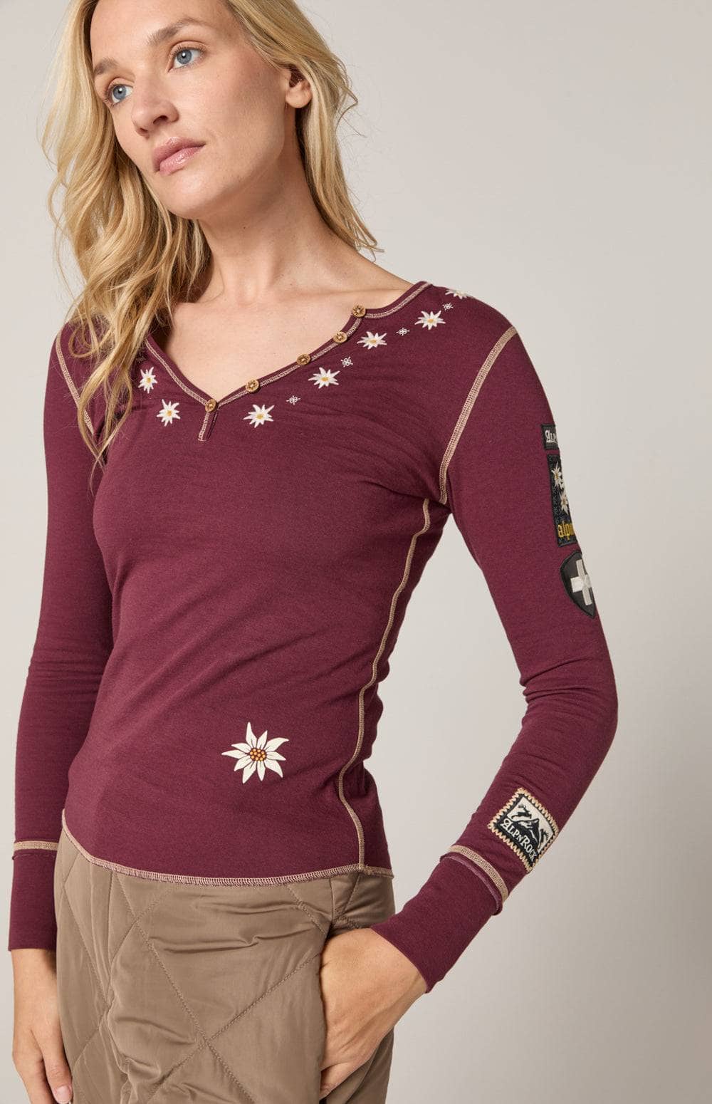 Edelweiss Henley Shirt by Alp N Rock, Women's Burgundy Henley Shirt with Embroidered Details at Neck and Arm Patches