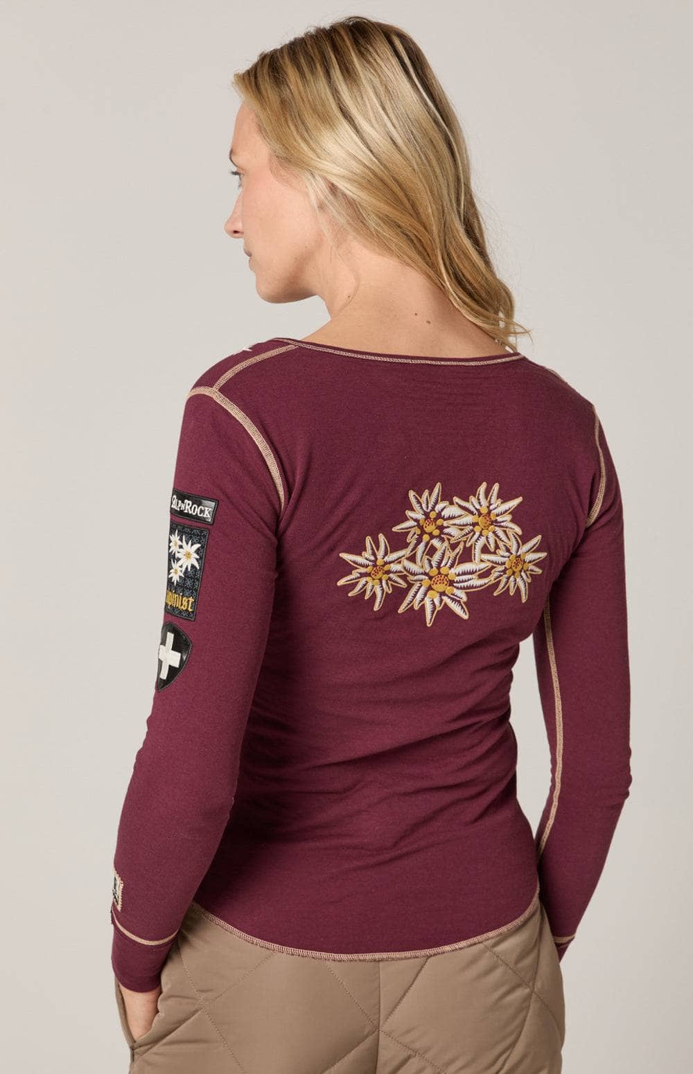Edelweiss Henley Shirt by Alp N Rock, Women's Burgundy Henley Shirt with Embroidered Details at Neck and Arm Patches